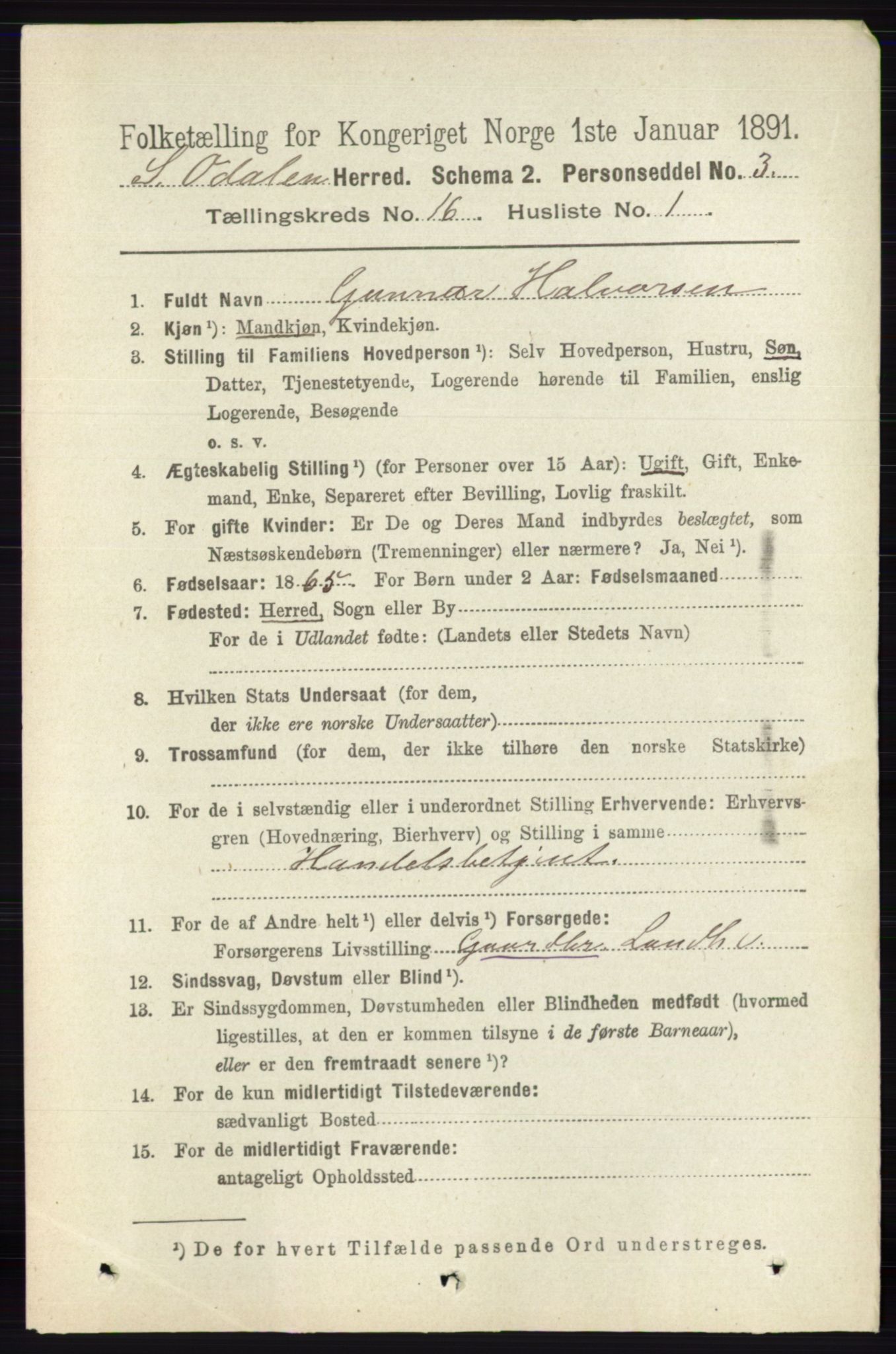 RA, 1891 census for 0419 Sør-Odal, 1891, p. 7272