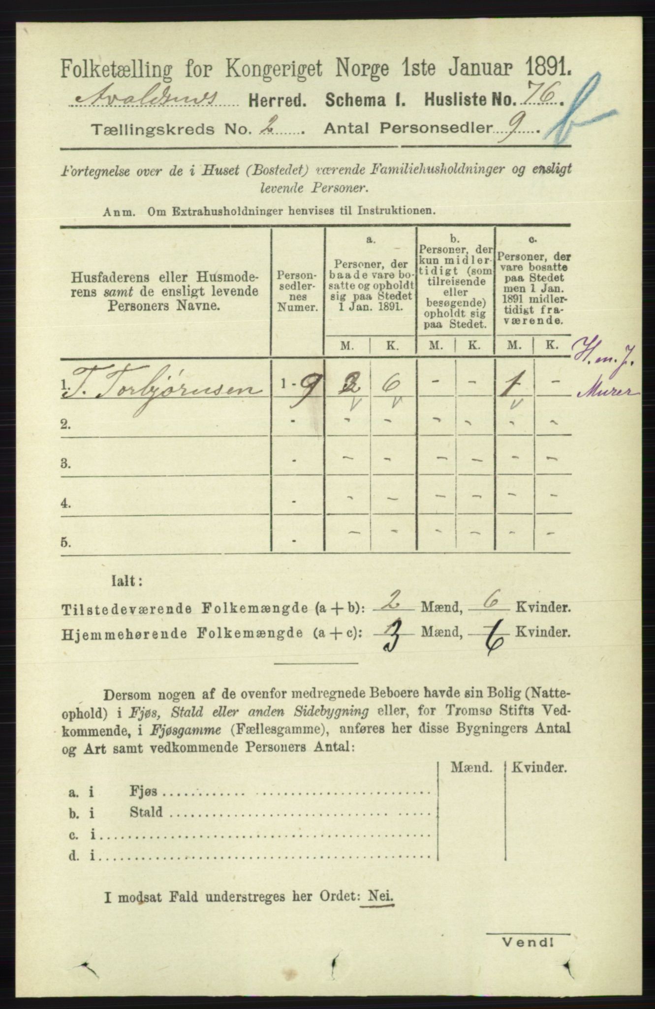 RA, 1891 census for 1147 Avaldsnes, 1891, p. 1965