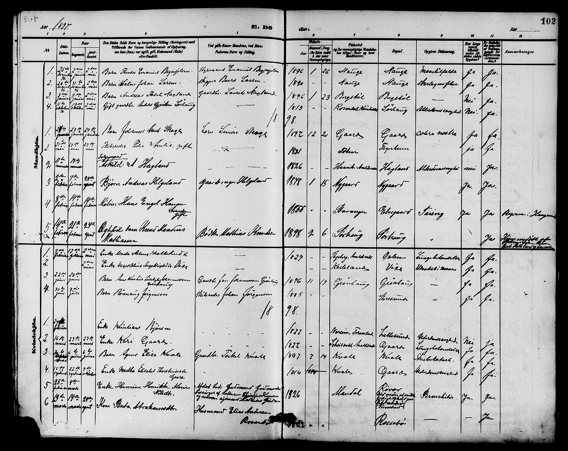 Haugesund sokneprestkontor, SAST/A -101863/H/Ha/Hab/L0004: Parish register (copy) no. B 4, 1889-1905, p. 102