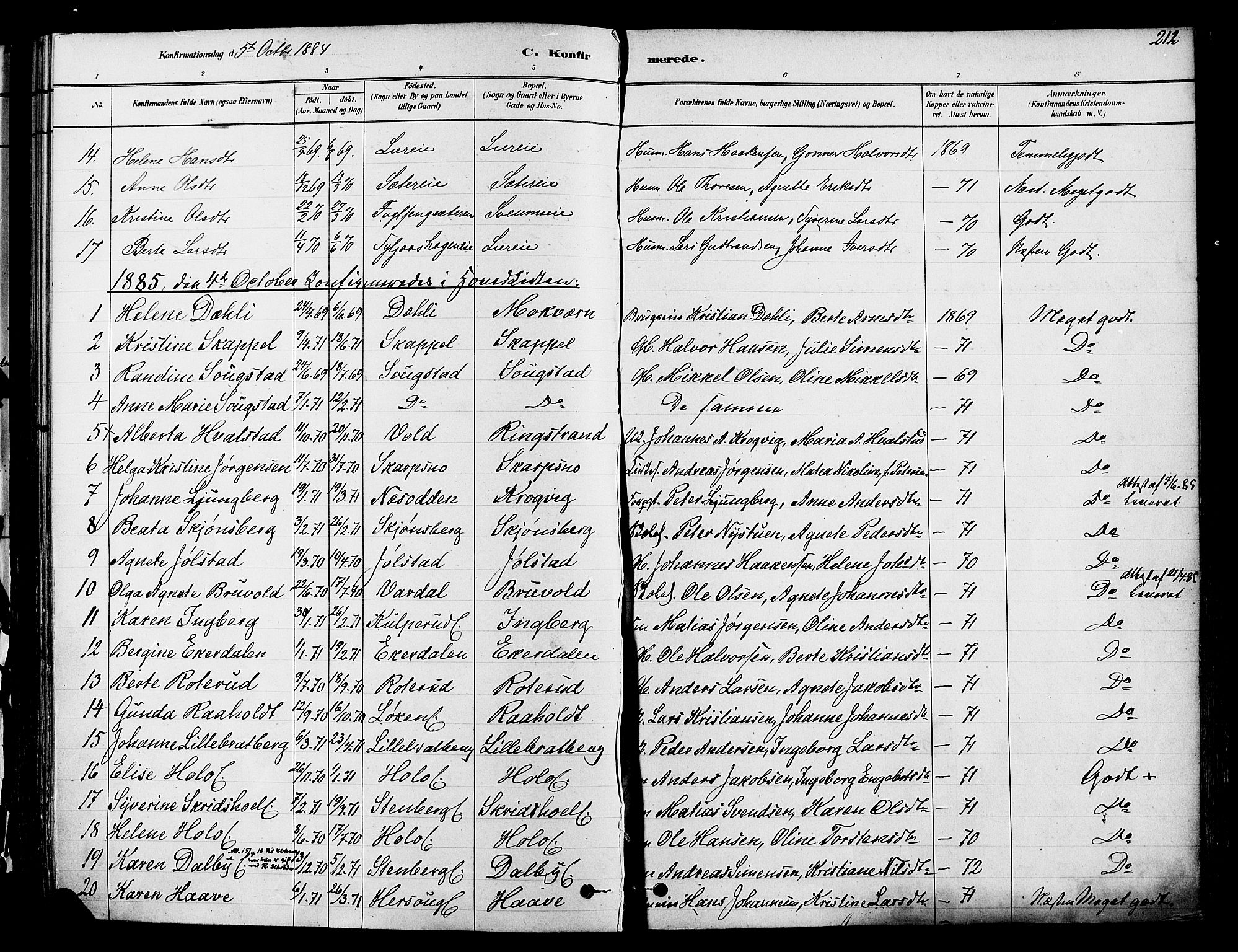 Ringsaker prestekontor, SAH/PREST-014/K/Ka/L0012: Parish register (official) no. 12, 1879-1890, p. 212