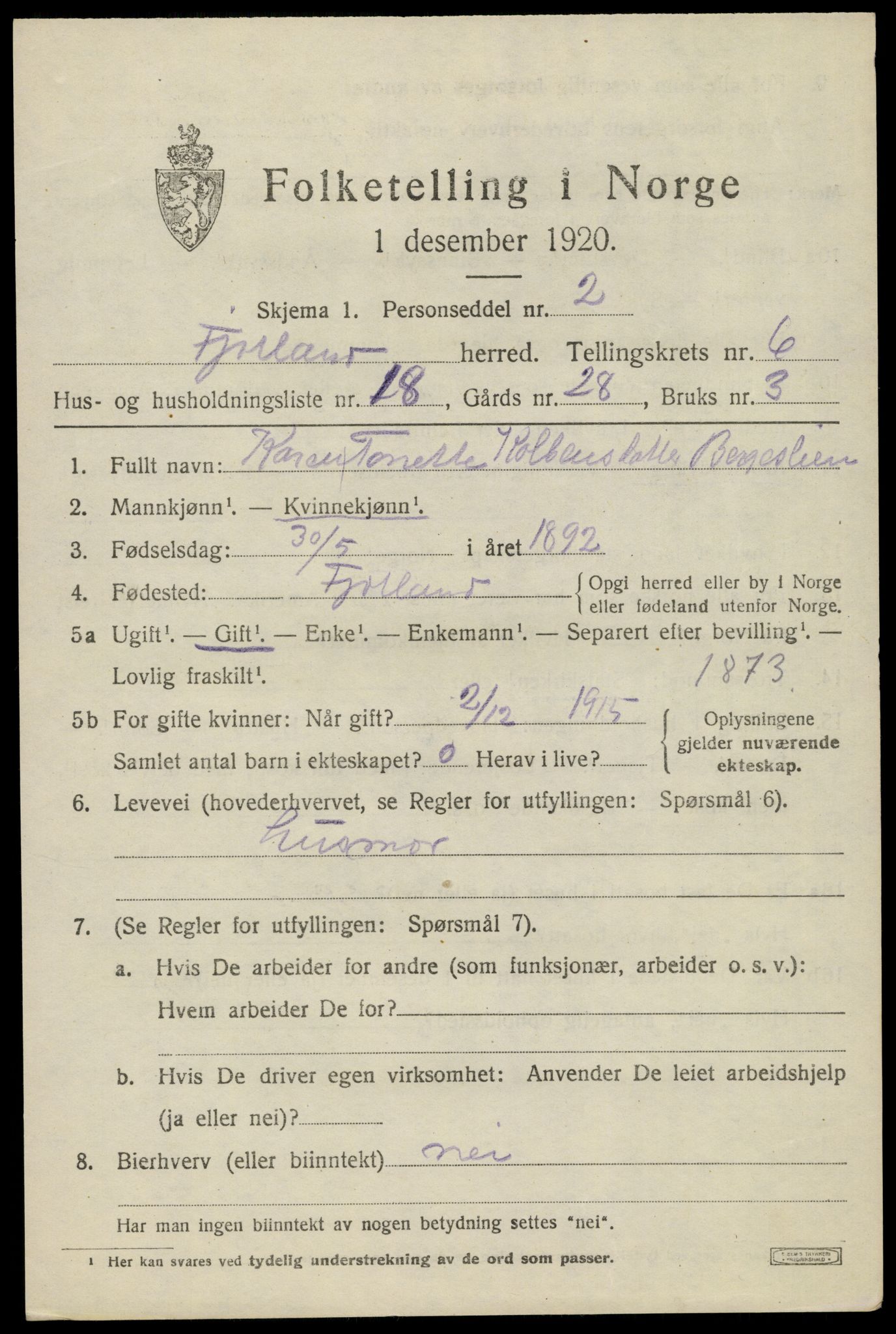 SAK, 1920 census for Fjotland, 1920, p. 1810