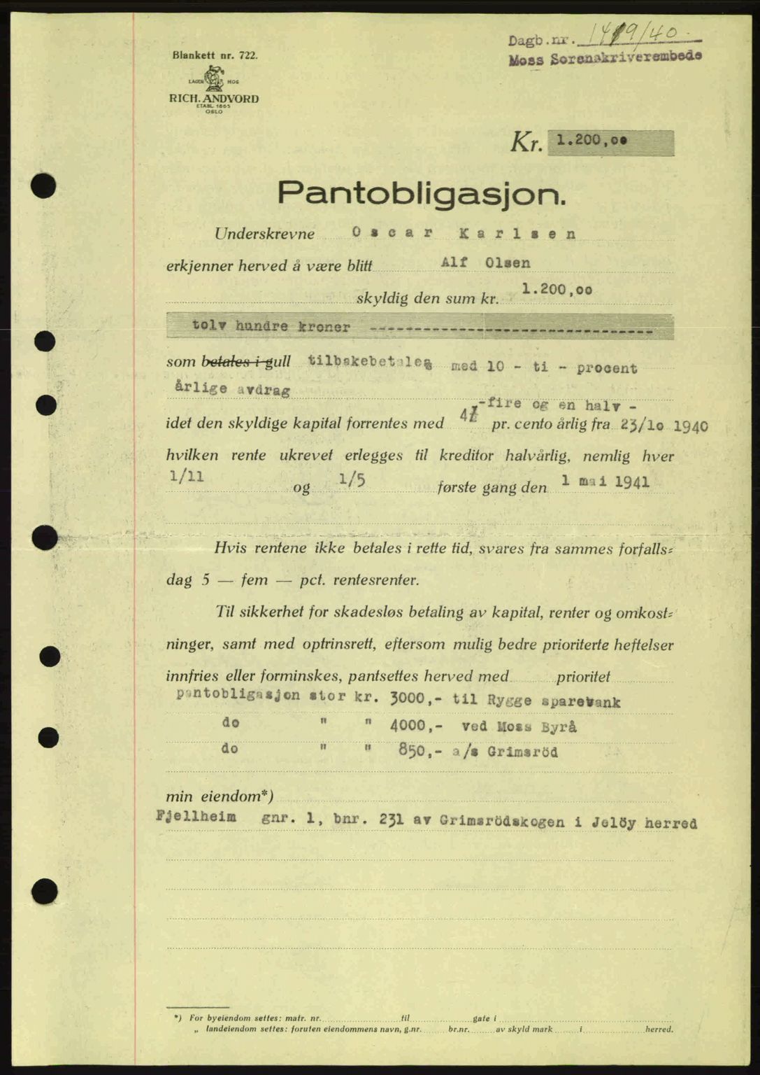 Moss sorenskriveri, SAO/A-10168: Mortgage book no. B10, 1940-1941, Diary no: : 1419/1940