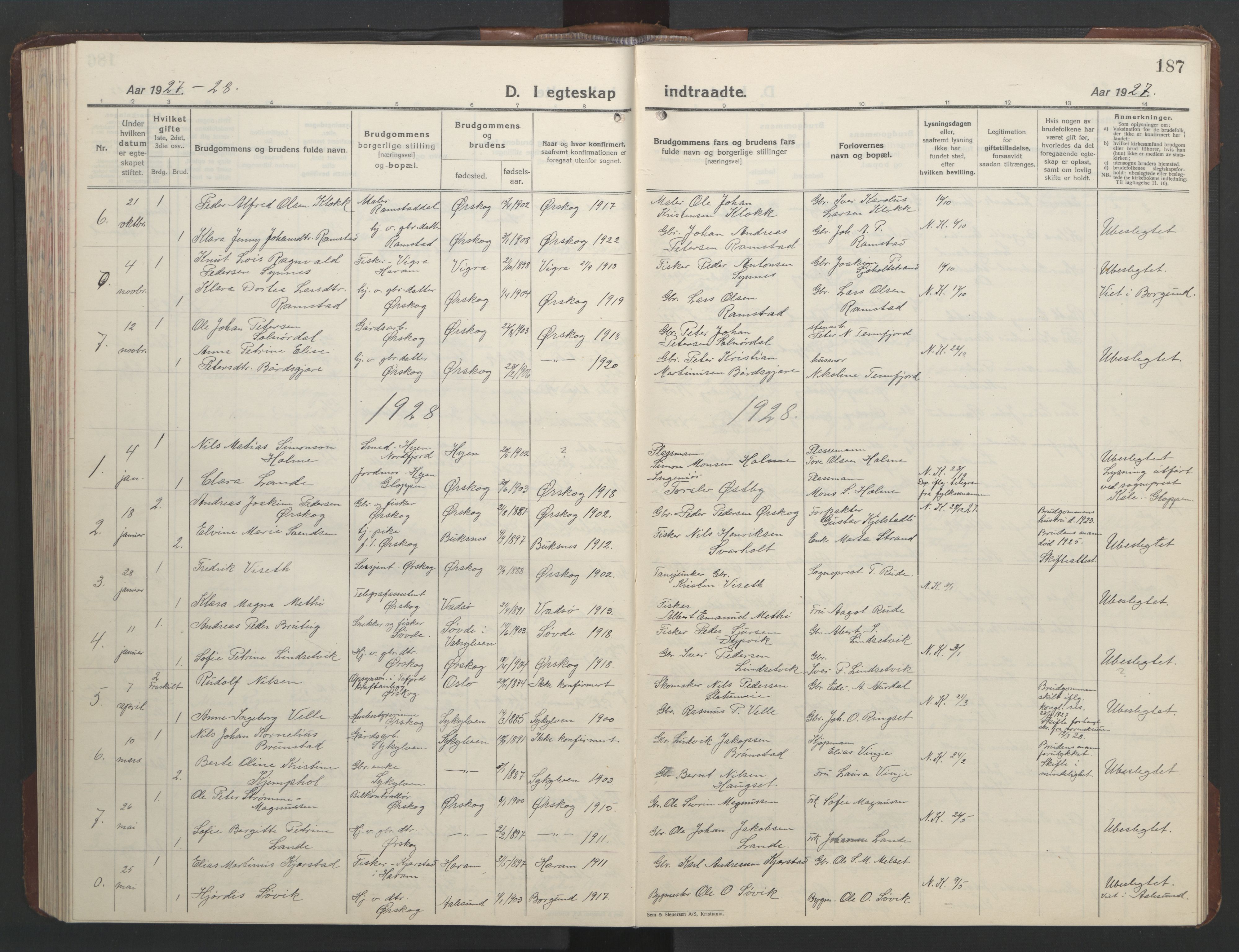 Ministerialprotokoller, klokkerbøker og fødselsregistre - Møre og Romsdal, AV/SAT-A-1454/522/L0329: Parish register (copy) no. 522C08, 1926-1951, p. 187
