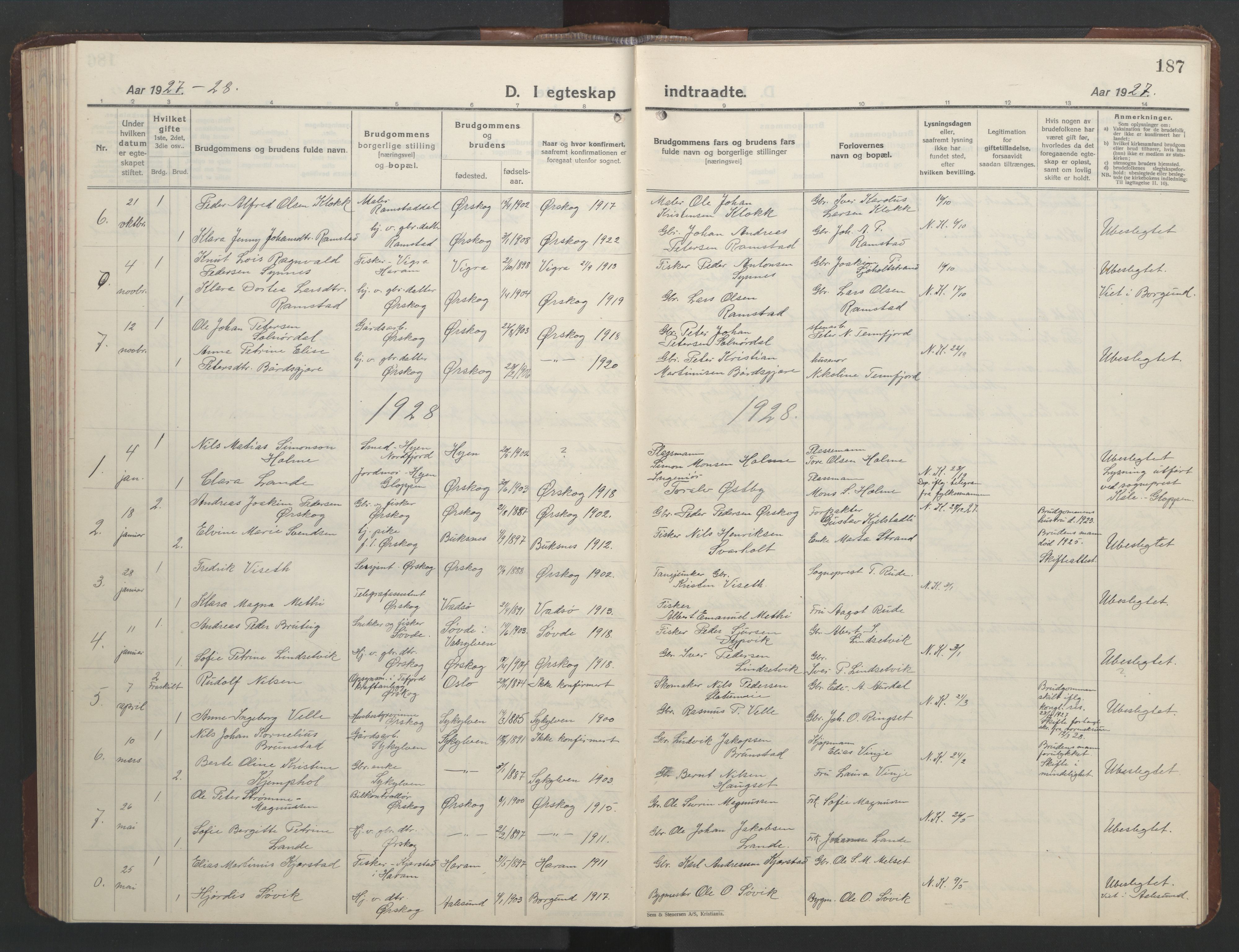 Ministerialprotokoller, klokkerbøker og fødselsregistre - Møre og Romsdal, SAT/A-1454/522/L0329: Parish register (copy) no. 522C08, 1926-1951, p. 187