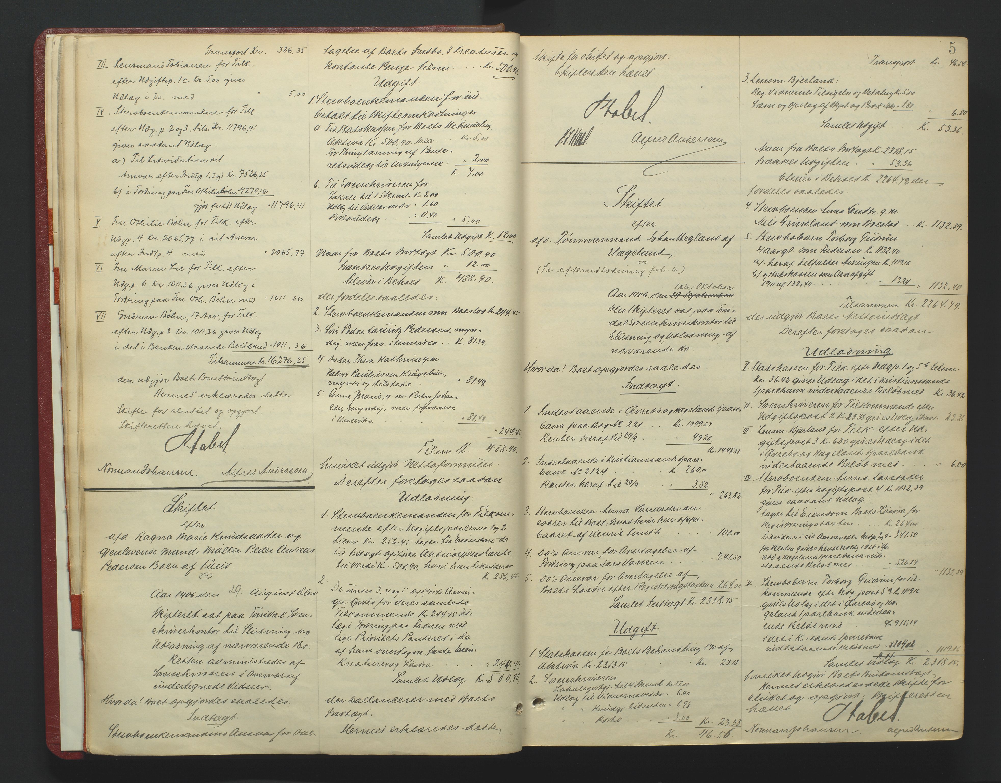 Torridal sorenskriveri, AV/SAK-1221-0012/H/Hc/L0036: Skifteutlodningsprotokoll med navneregister nr. 5, 1906-1918, p. 5