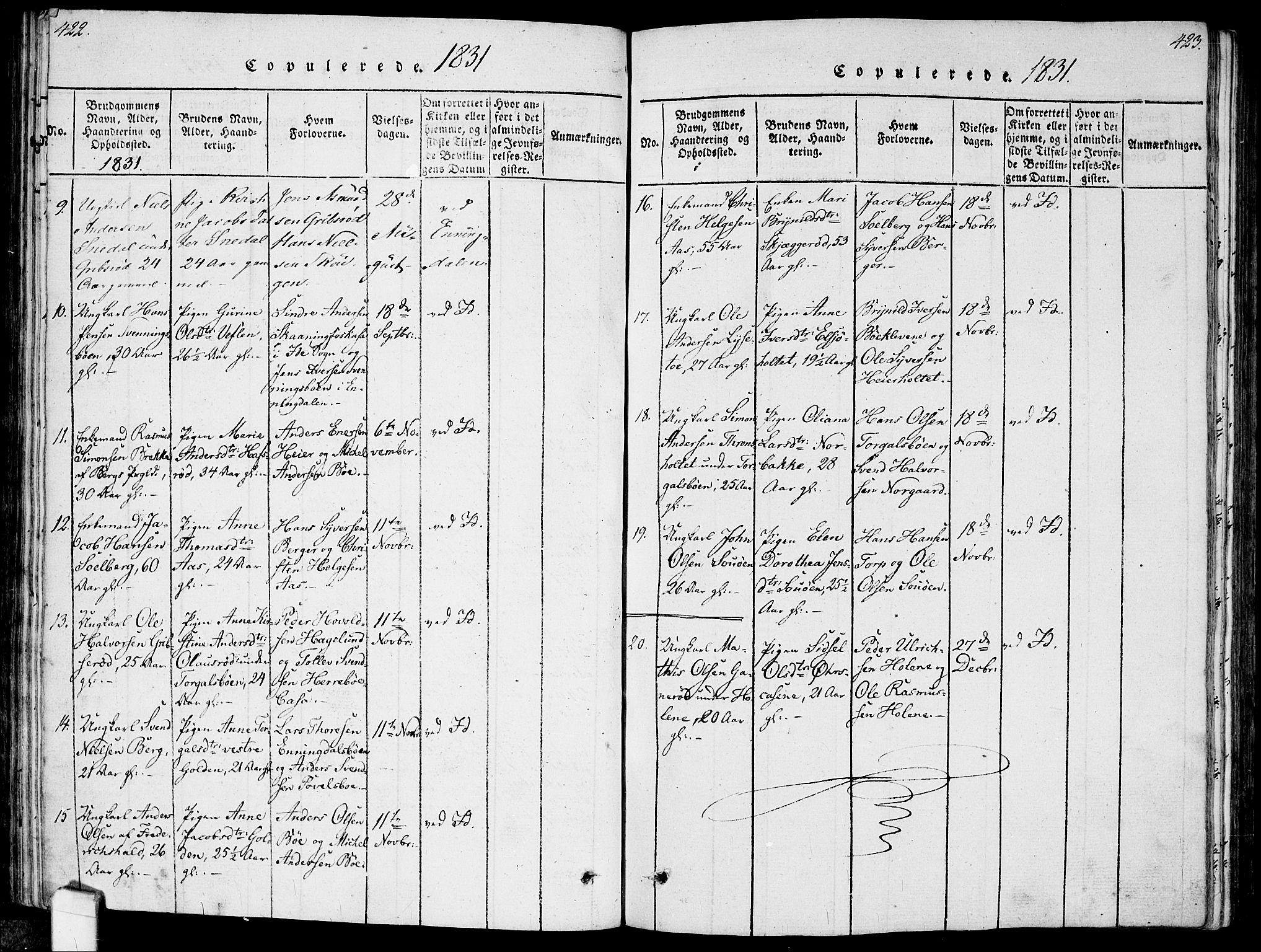 Idd prestekontor Kirkebøker, AV/SAO-A-10911/F/Fc/L0002: Parish register (official) no. III 2, 1815-1831, p. 422-423