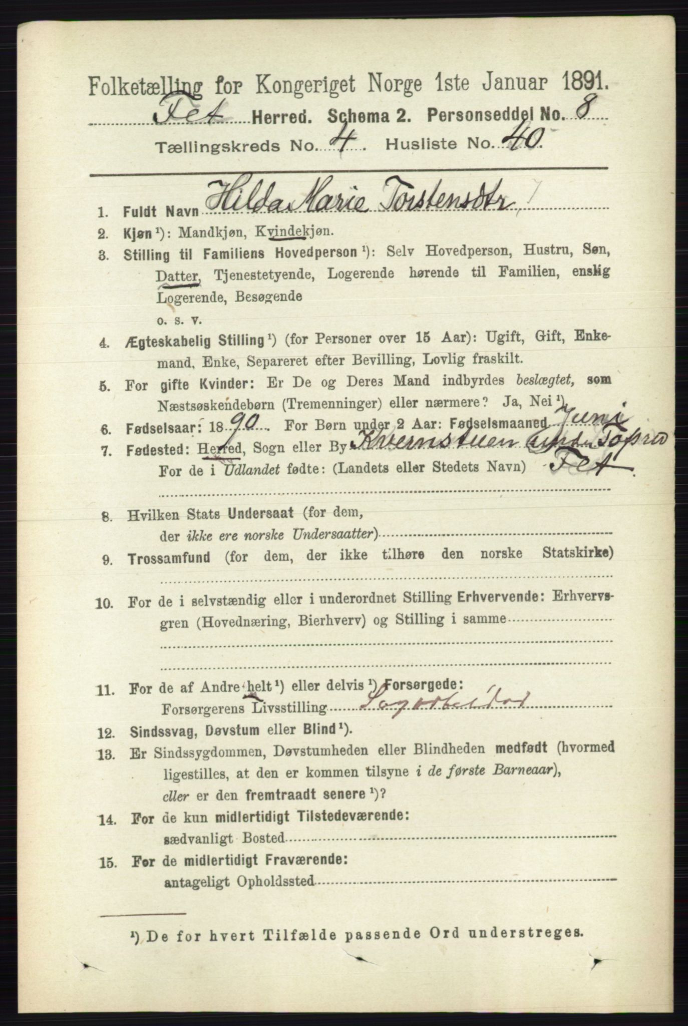 RA, 1891 census for 0227 Fet, 1891, p. 1505