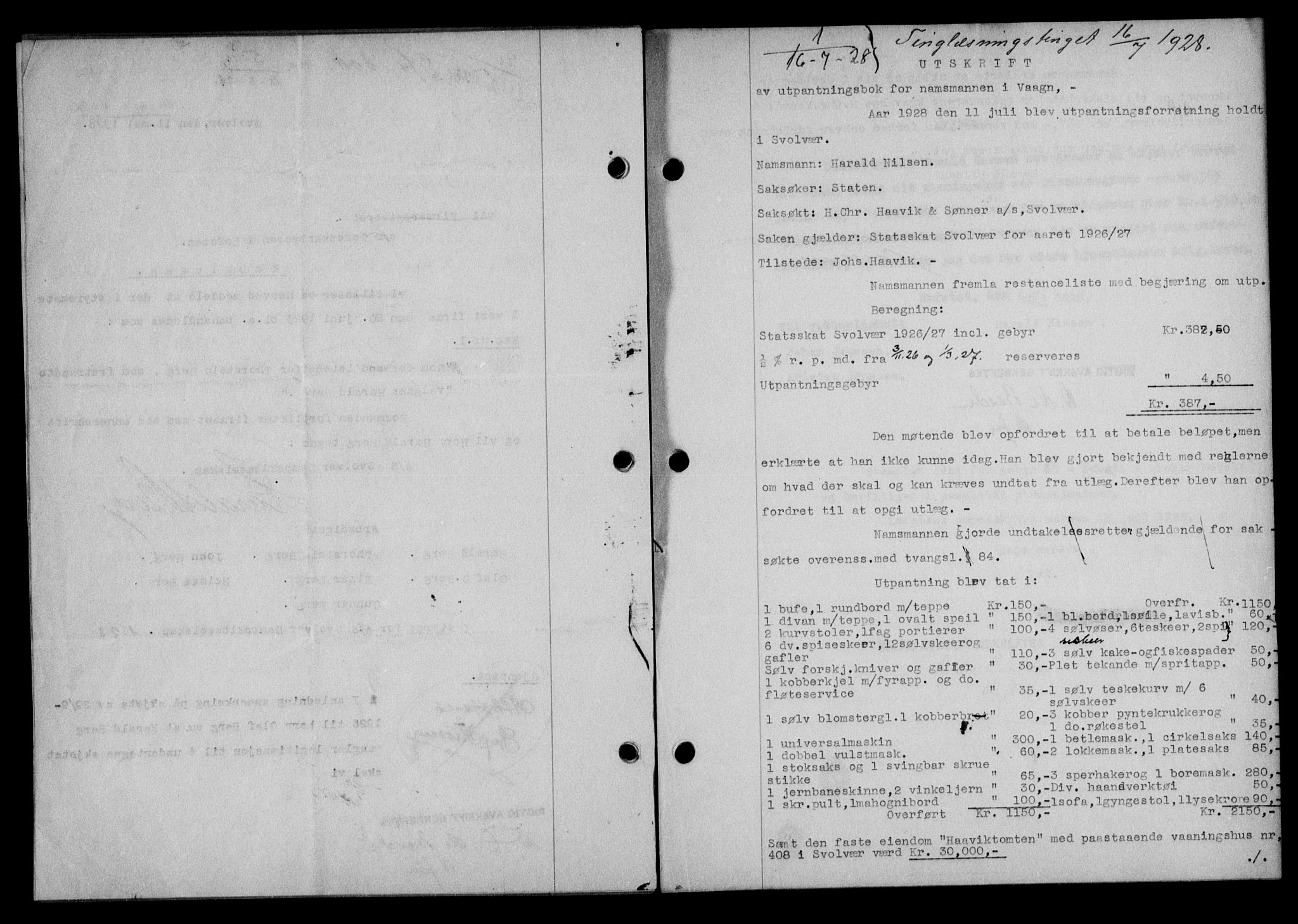 Lofoten sorenskriveri, SAT/A-0017/1/2/2C/L0018b: Mortgage book no. 18b, 1928-1928, Deed date: 16.07.1928