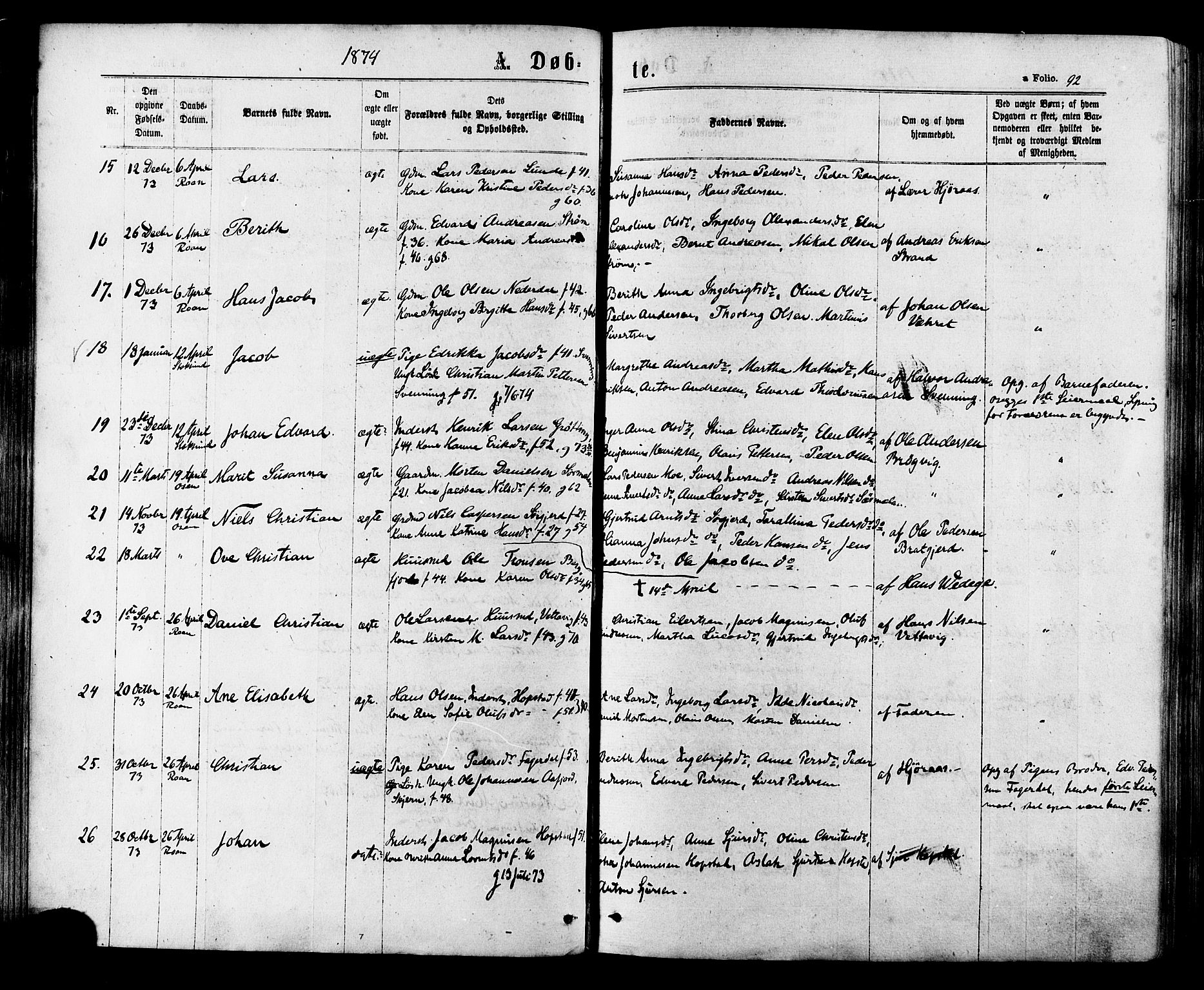 Ministerialprotokoller, klokkerbøker og fødselsregistre - Sør-Trøndelag, SAT/A-1456/657/L0706: Parish register (official) no. 657A07, 1867-1878, p. 92