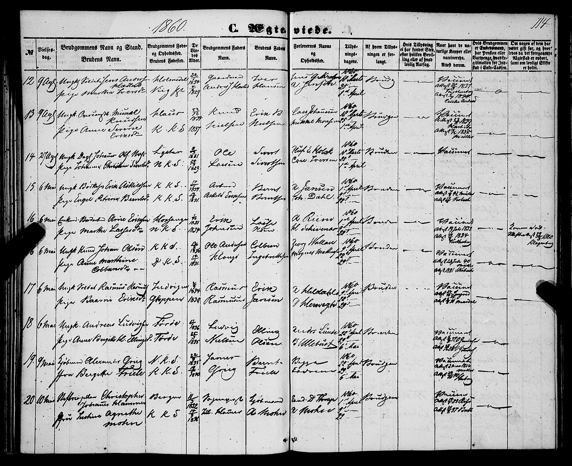 Korskirken sokneprestembete, AV/SAB-A-76101/H/Haa/L0035: Parish register (official) no. D 2, 1852-1867, p. 114