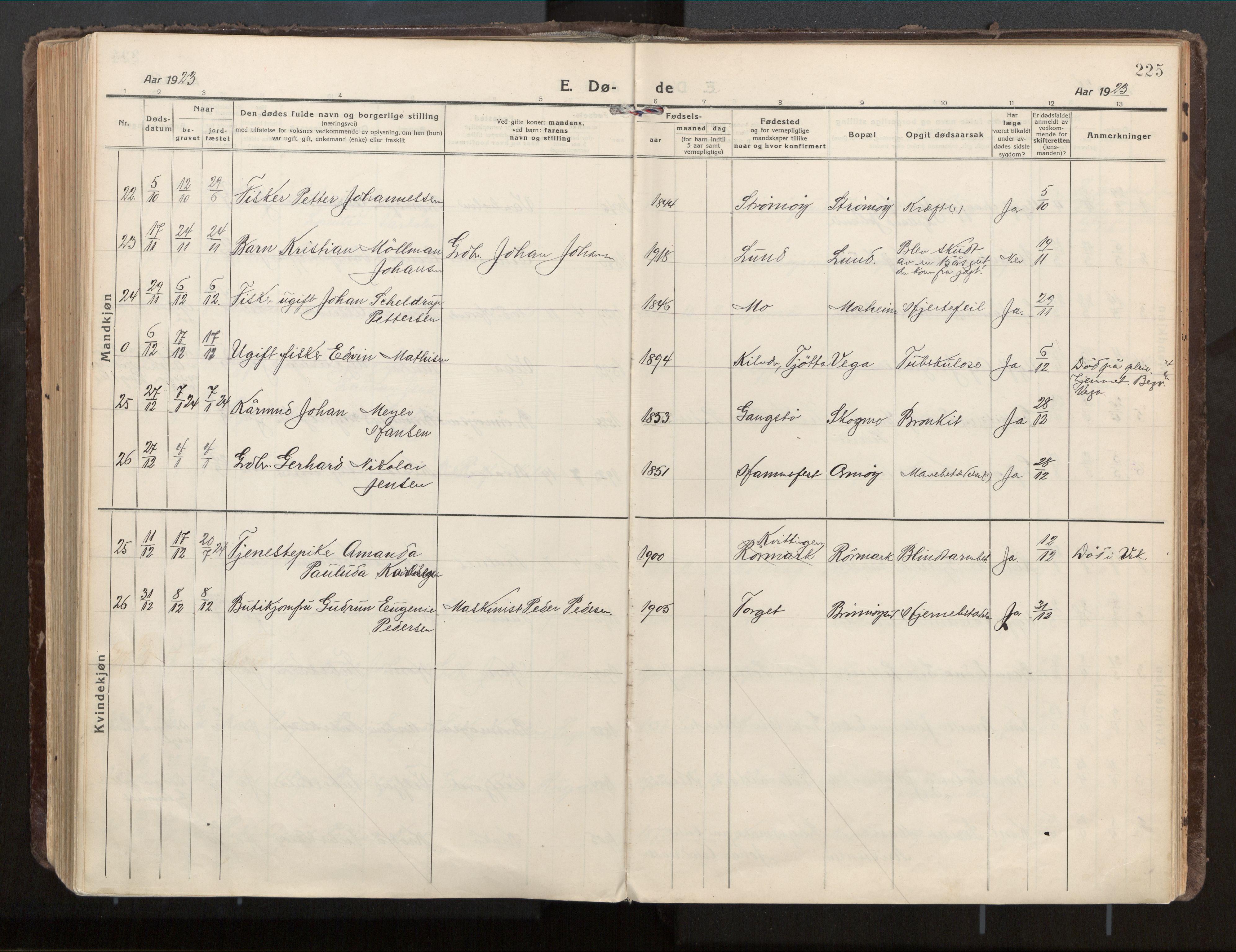 Ministerialprotokoller, klokkerbøker og fødselsregistre - Nordland, SAT/A-1459/813/L0207a: Parish register (official) no. 813A18, 1919-1927, p. 225