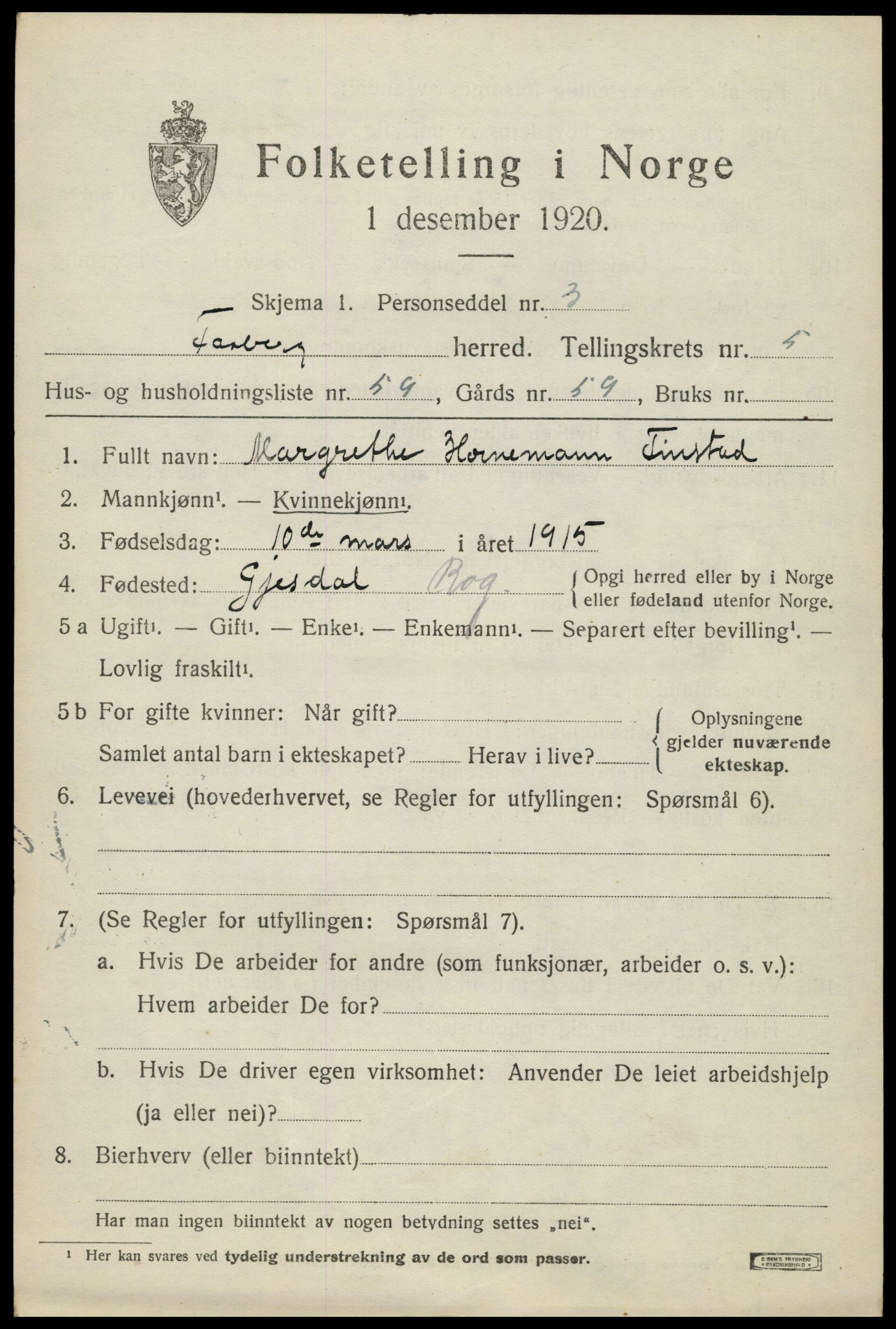 SAH, 1920 census for Fåberg, 1920, p. 6202