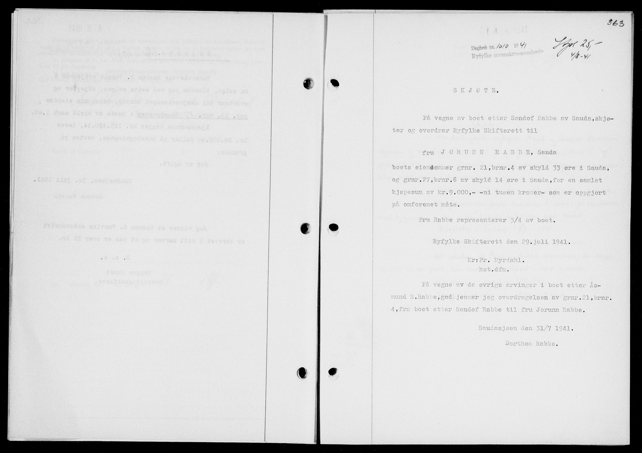 Ryfylke tingrett, SAST/A-100055/001/II/IIB/L0085: Mortgage book no. 64, 1941-1941, Diary no: : 1010/1941