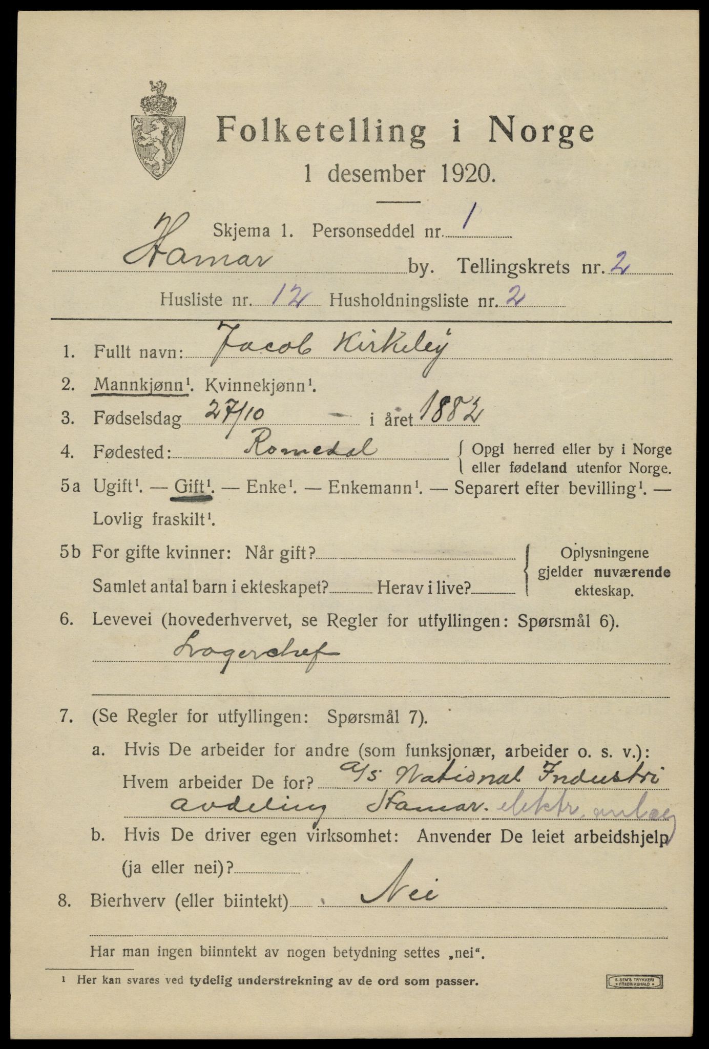 SAH, 1920 census for Hamar, 1920, p. 6087