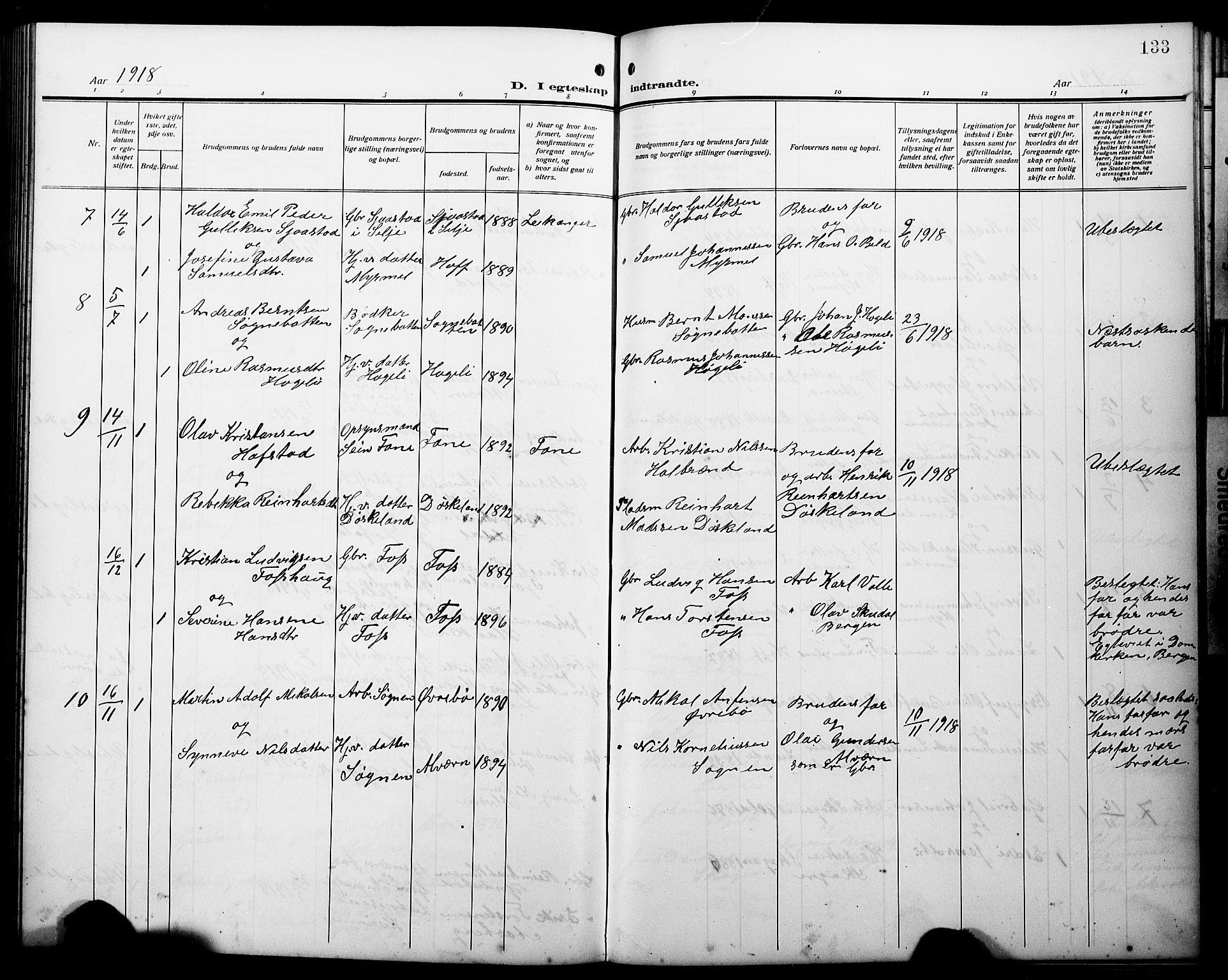 Gaular sokneprestembete, SAB/A-80001/H/Hab: Parish register (copy) no. A 5, 1912-1930, p. 133