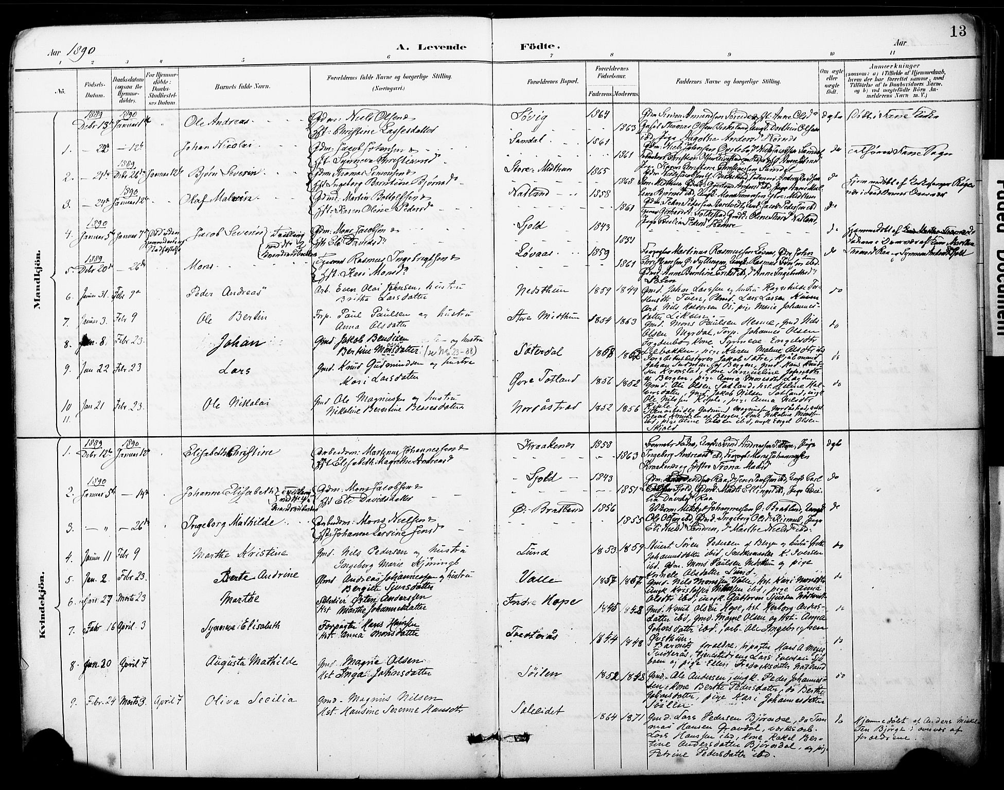 Fana Sokneprestembete, SAB/A-75101/H/Haa/Haai/L0002: Parish register (official) no. I 2, 1888-1899, p. 13