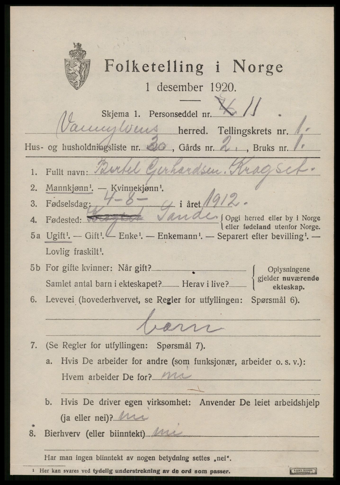 SAT, 1920 census for Vanylven, 1920, p. 1011