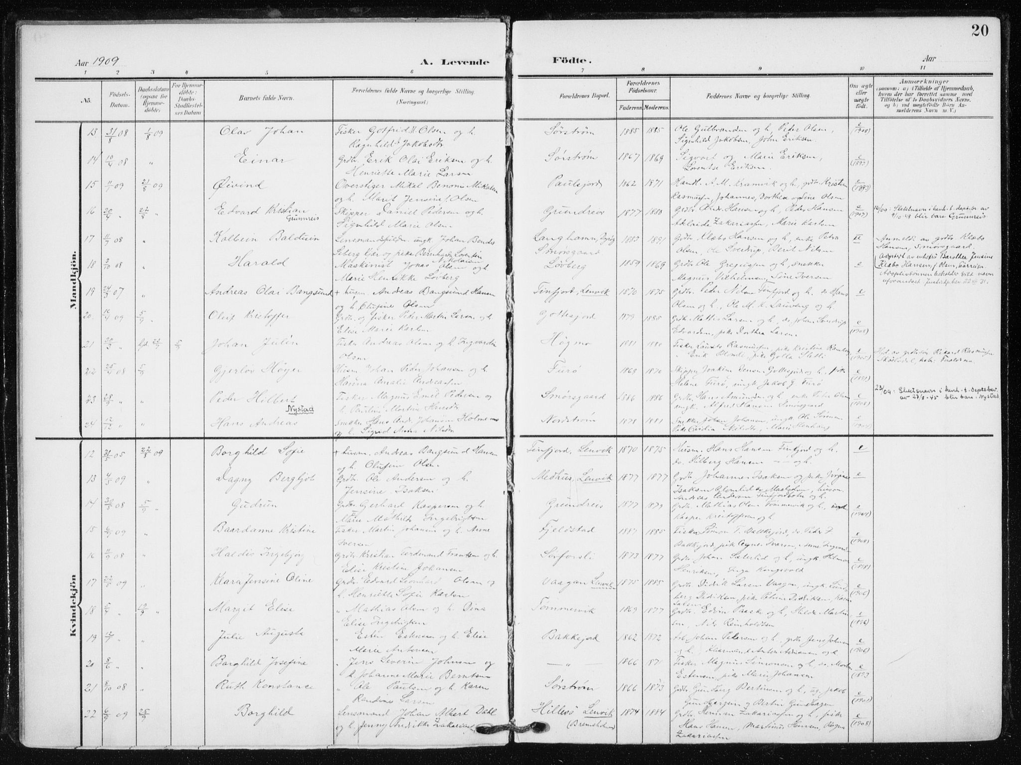 Tranøy sokneprestkontor, AV/SATØ-S-1313/I/Ia/Iaa/L0012kirke: Parish register (official) no. 12, 1905-1918, p. 20