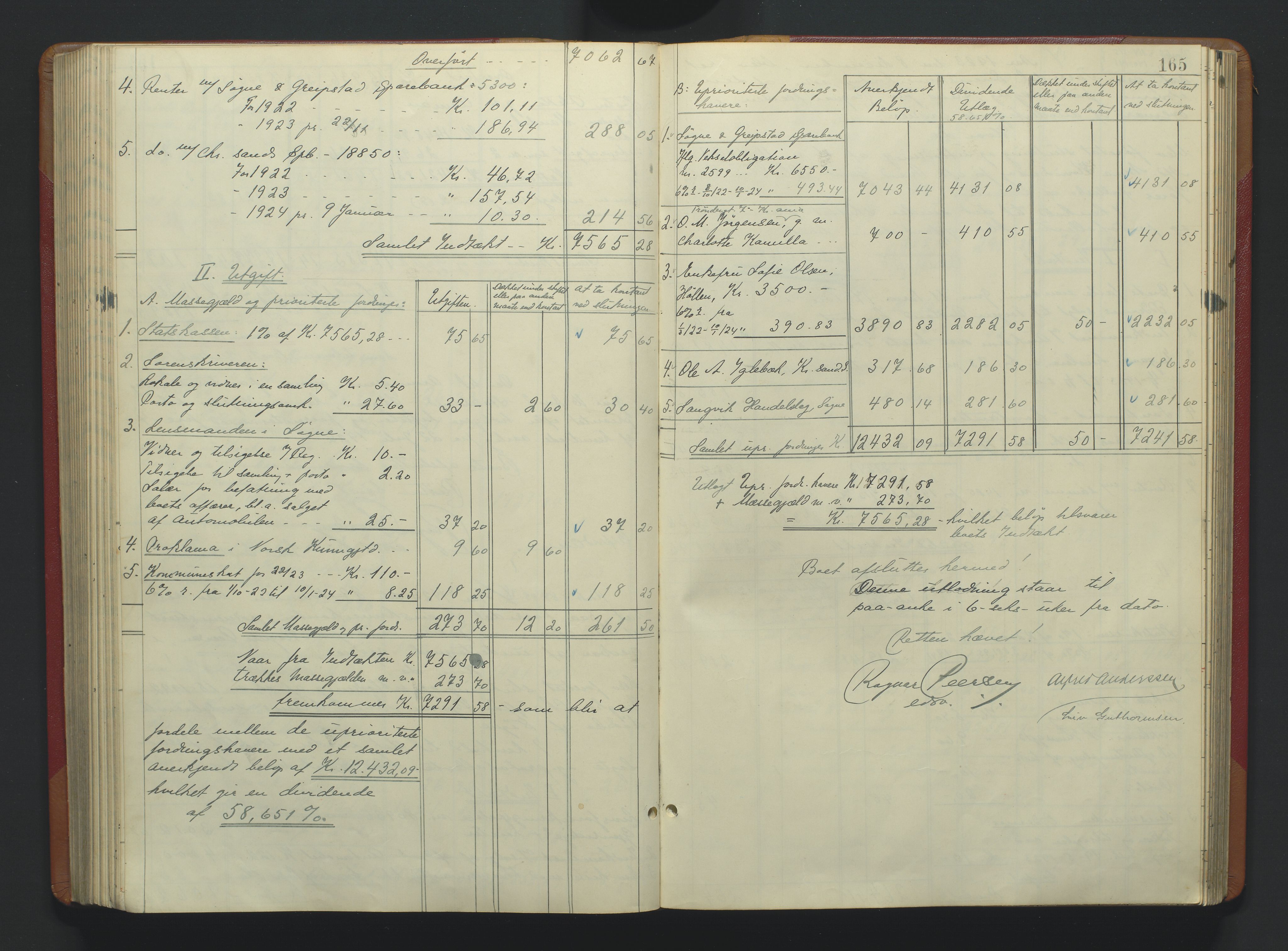 Torridal sorenskriveri, AV/SAK-1221-0012/H/Hc/L0037: Skifteutlodningsprotokoll med navneregister nr. 6, 1918-1927, p. 165