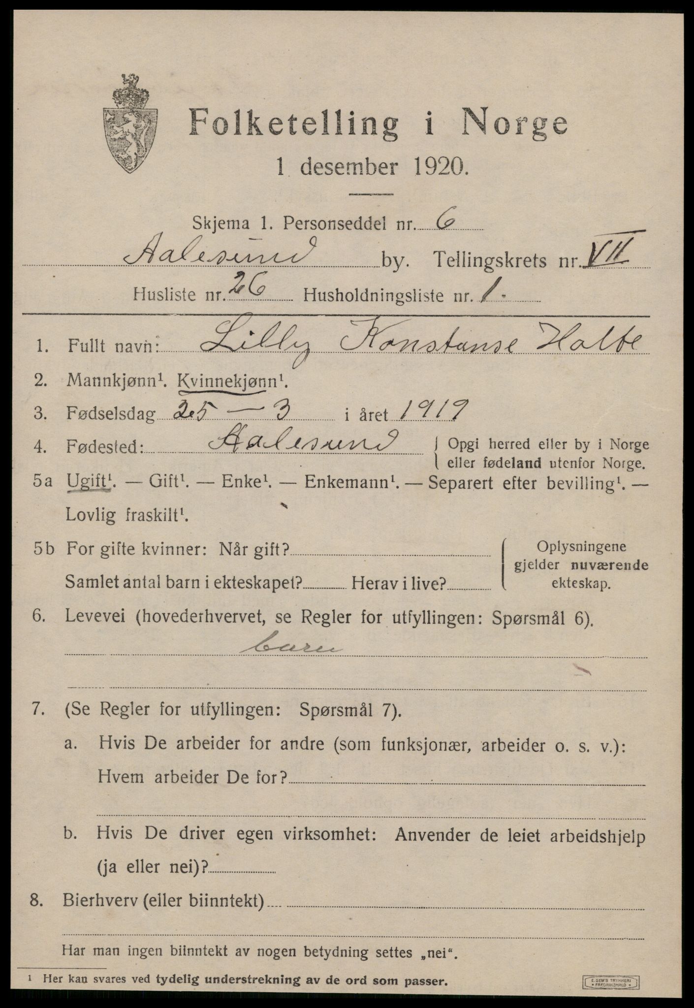 SAT, 1920 census for Ålesund, 1920, p. 20052