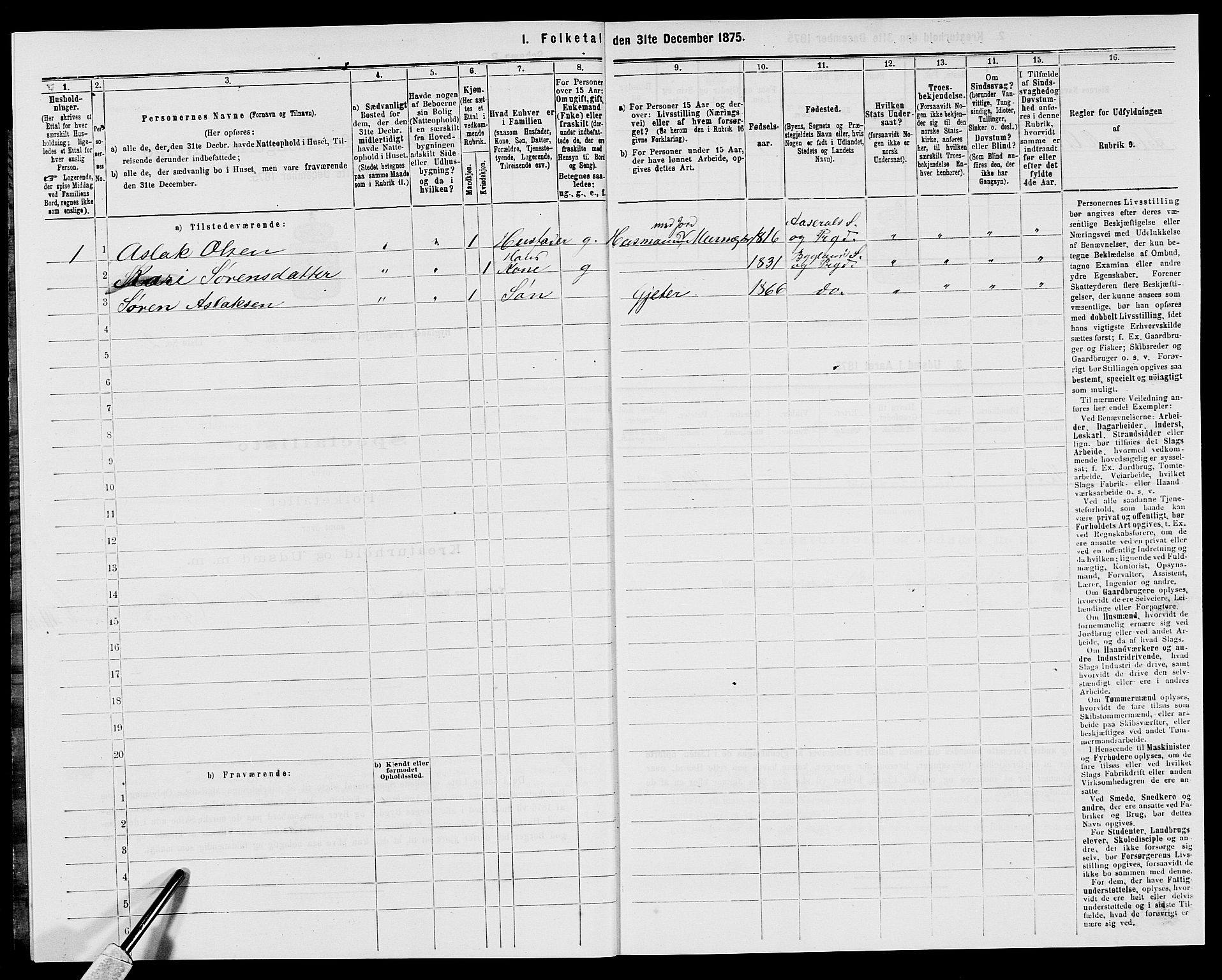 SAK, 1875 census for 0938P Bygland, 1875, p. 460