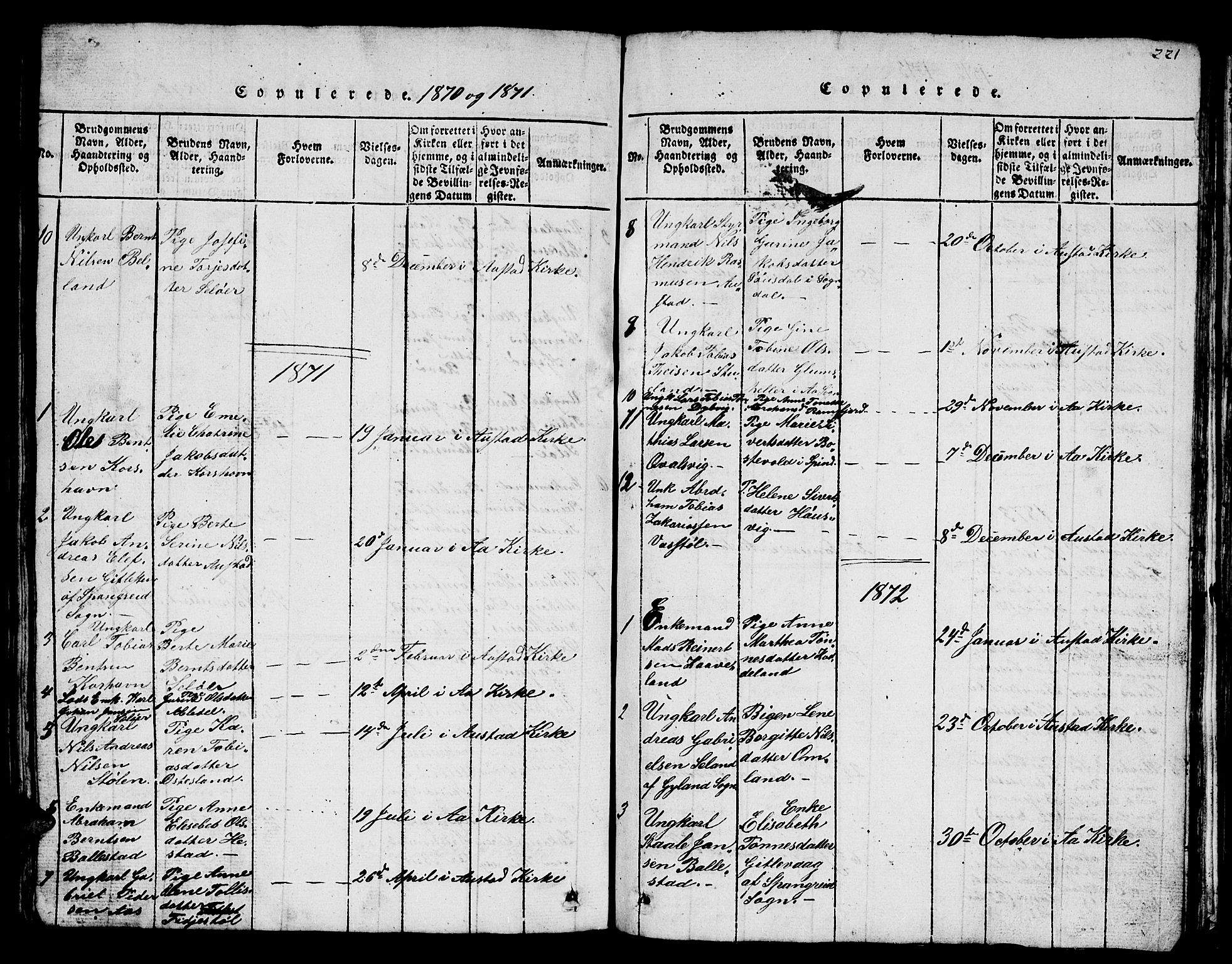 Lyngdal sokneprestkontor, SAK/1111-0029/F/Fb/Fba/L0001: Parish register (copy) no. B 1, 1816-1876, p. 221