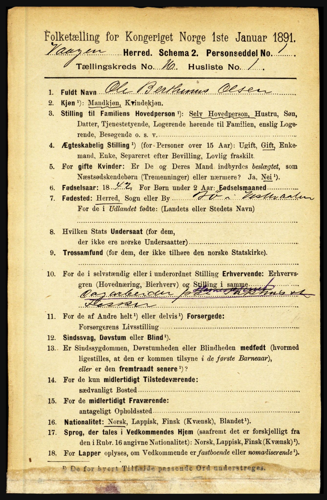 RA, 1891 census for 1865 Vågan, 1891, p. 4567