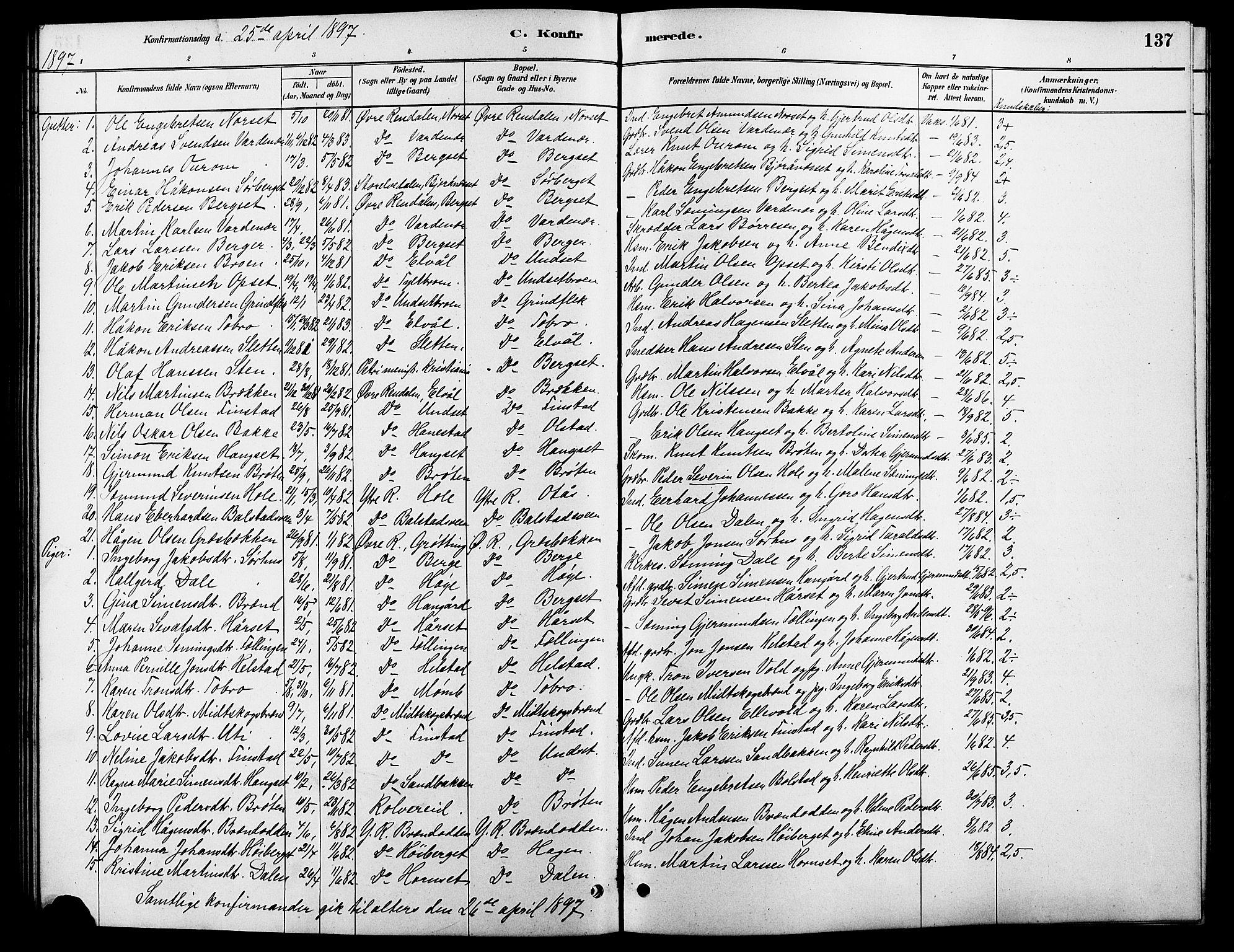 Rendalen prestekontor, SAH/PREST-054/H/Ha/Hab/L0003: Parish register (copy) no. 3, 1879-1904, p. 137