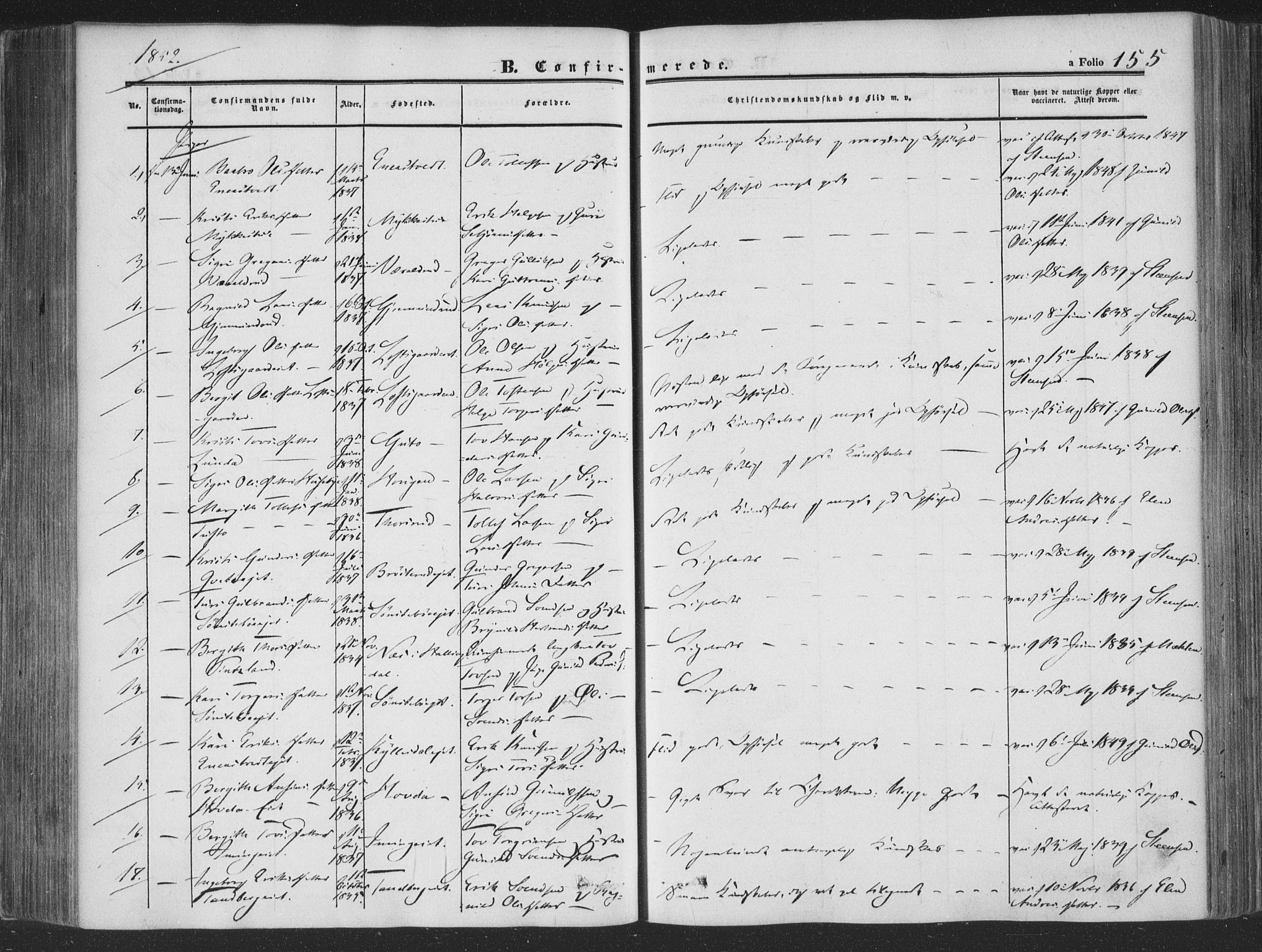 Rollag kirkebøker, AV/SAKO-A-240/F/Fa/L0008: Parish register (official) no. I 8, 1847-1860, p. 155