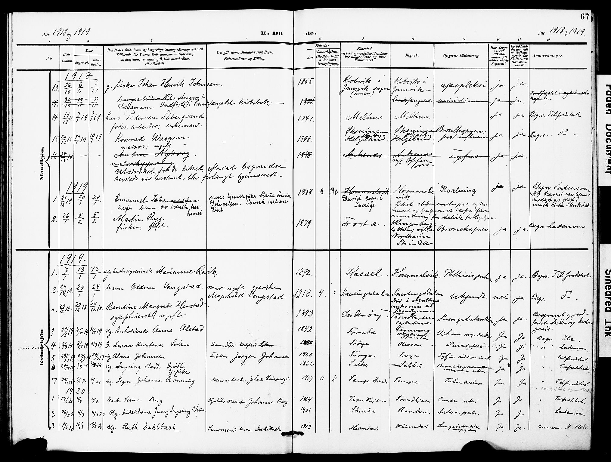 Ministerialprotokoller, klokkerbøker og fødselsregistre - Sør-Trøndelag, SAT/A-1456/628/L0483: Parish register (official) no. 628A01, 1902-1920, p. 67