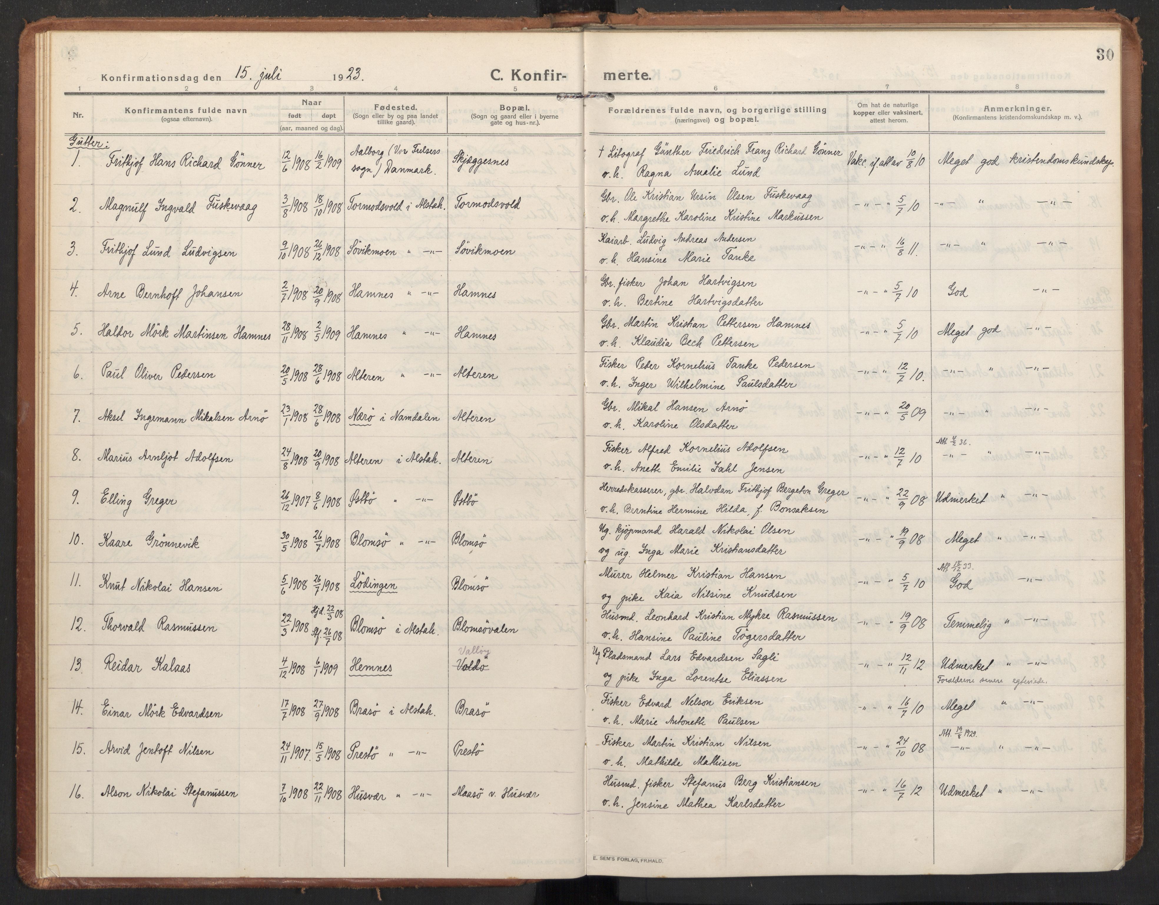 Ministerialprotokoller, klokkerbøker og fødselsregistre - Nordland, AV/SAT-A-1459/830/L0456: Parish register (official) no. 830A20, 1914-1937, p. 30