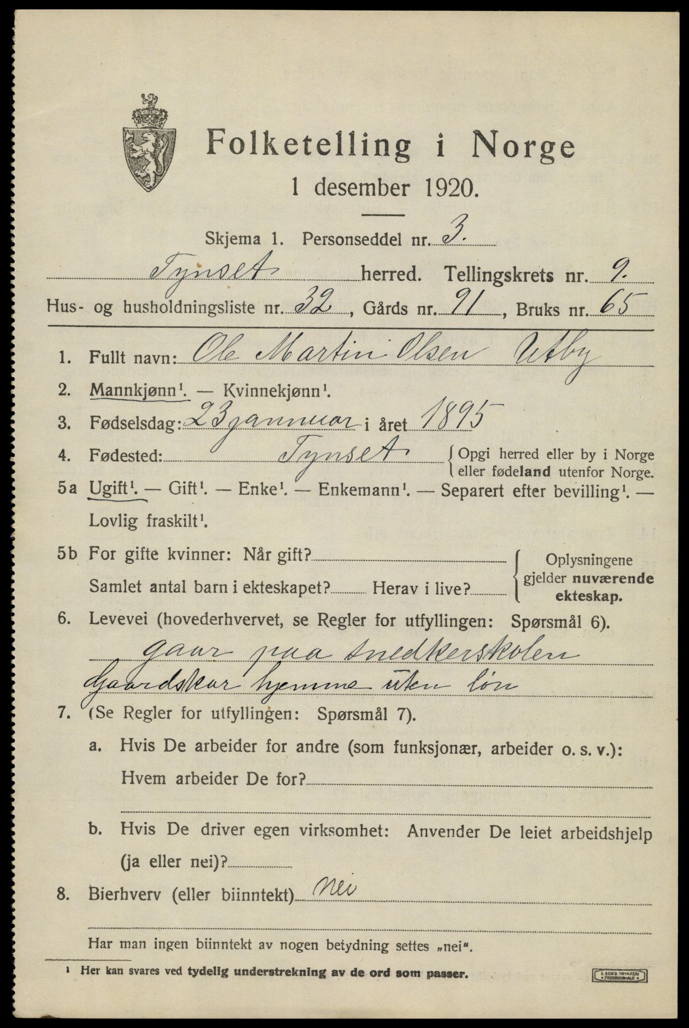 SAH, 1920 census for Tynset, 1920, p. 7520
