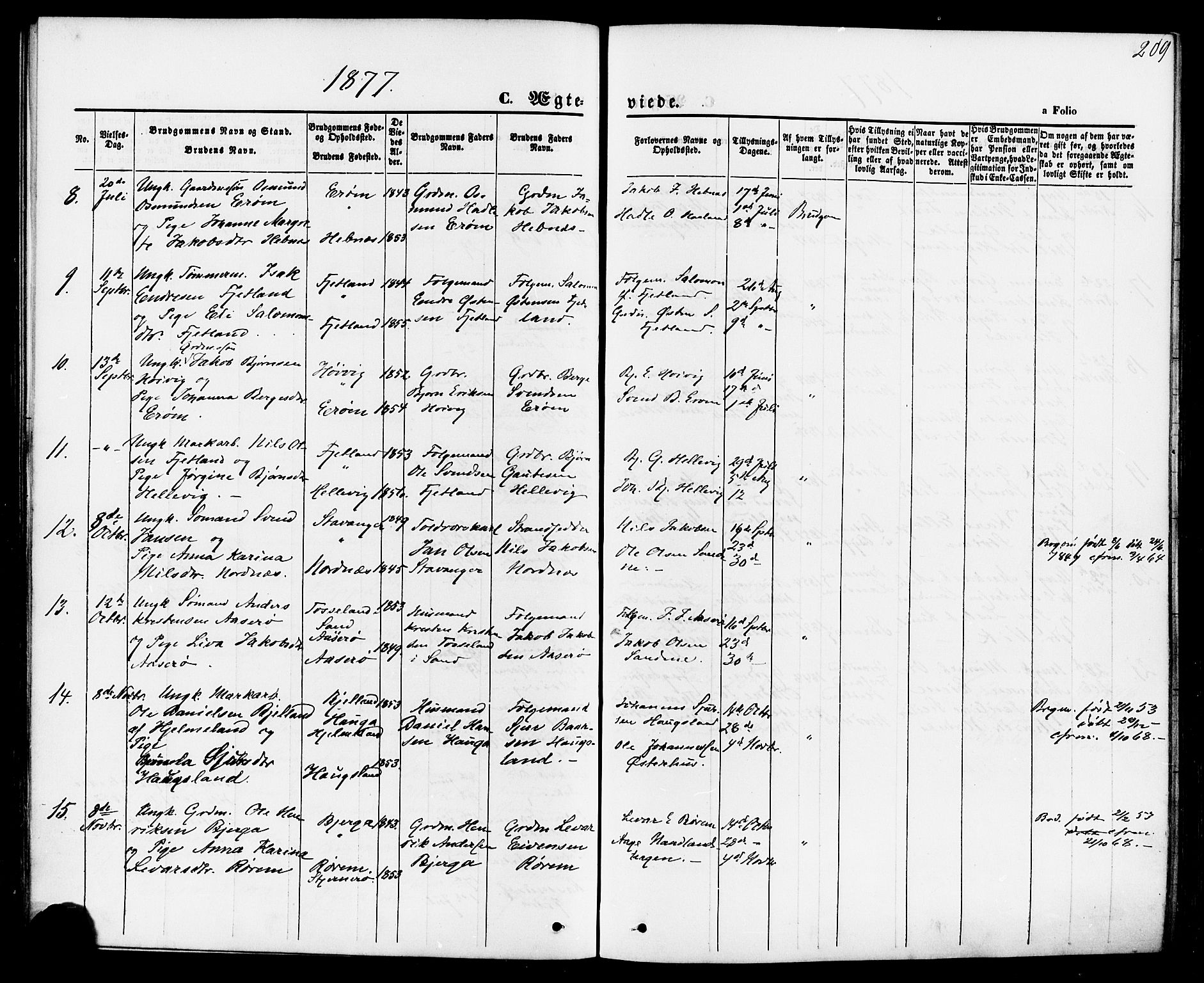 Jelsa sokneprestkontor, AV/SAST-A-101842/01/IV: Parish register (official) no. A 8, 1867-1883, p. 209