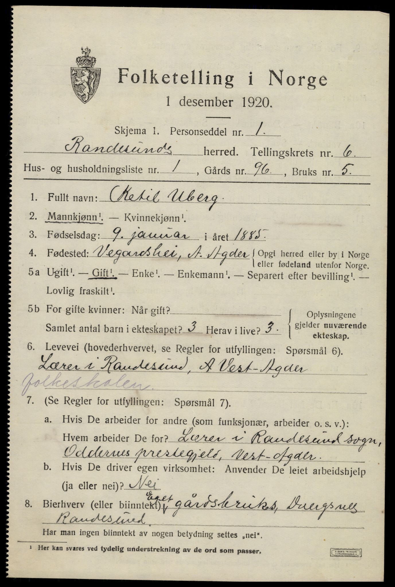 SAK, 1920 census for Randesund, 1920, p. 2746