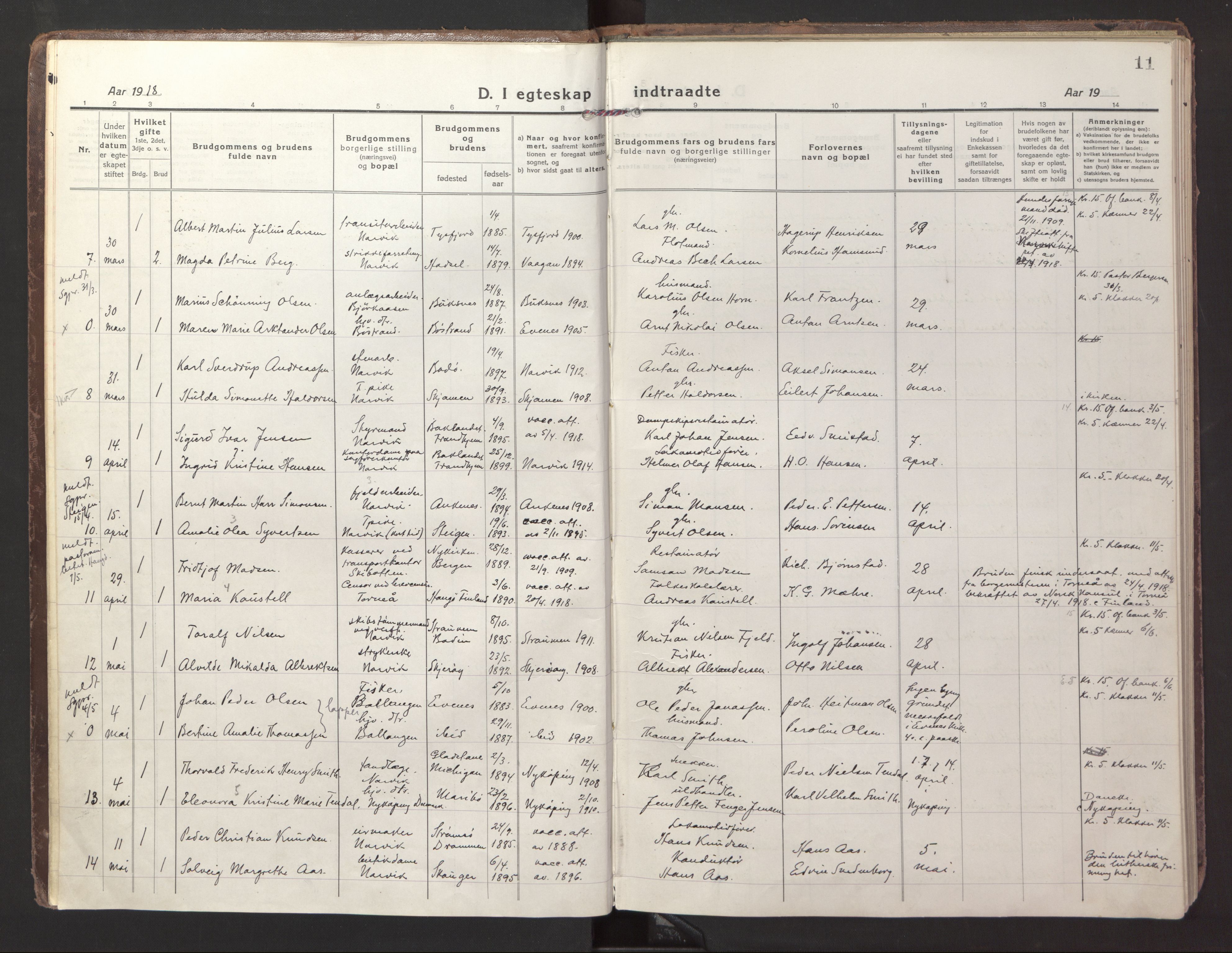 Ministerialprotokoller, klokkerbøker og fødselsregistre - Nordland, AV/SAT-A-1459/871/L1002: Parish register (official) no. 871A18, 1917-1926, p. 11