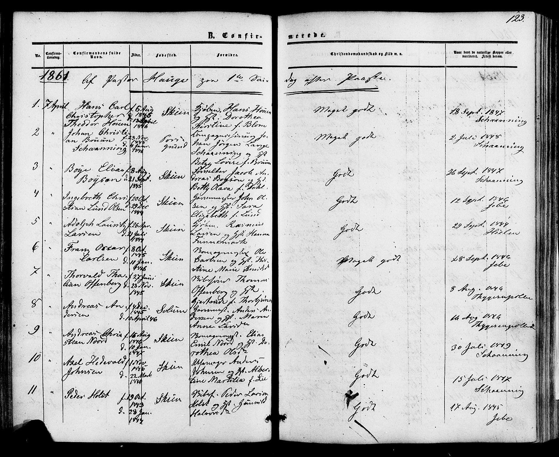 Skien kirkebøker, SAKO/A-302/F/Fa/L0007: Parish register (official) no. 7, 1856-1865, p. 123