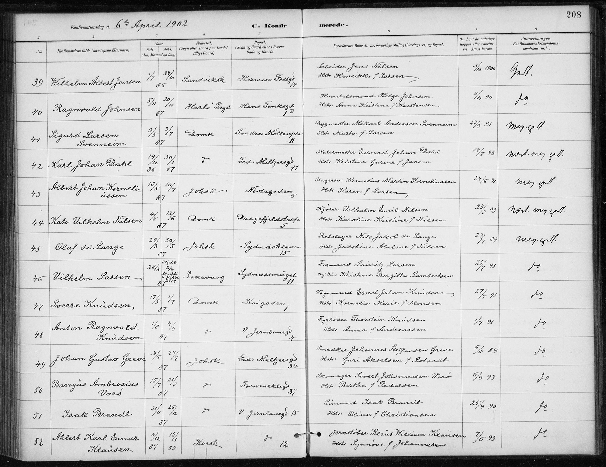 Johanneskirken sokneprestembete, AV/SAB-A-76001/H/Haa/L0008: Parish register (official) no. C 1, 1885-1907, p. 208