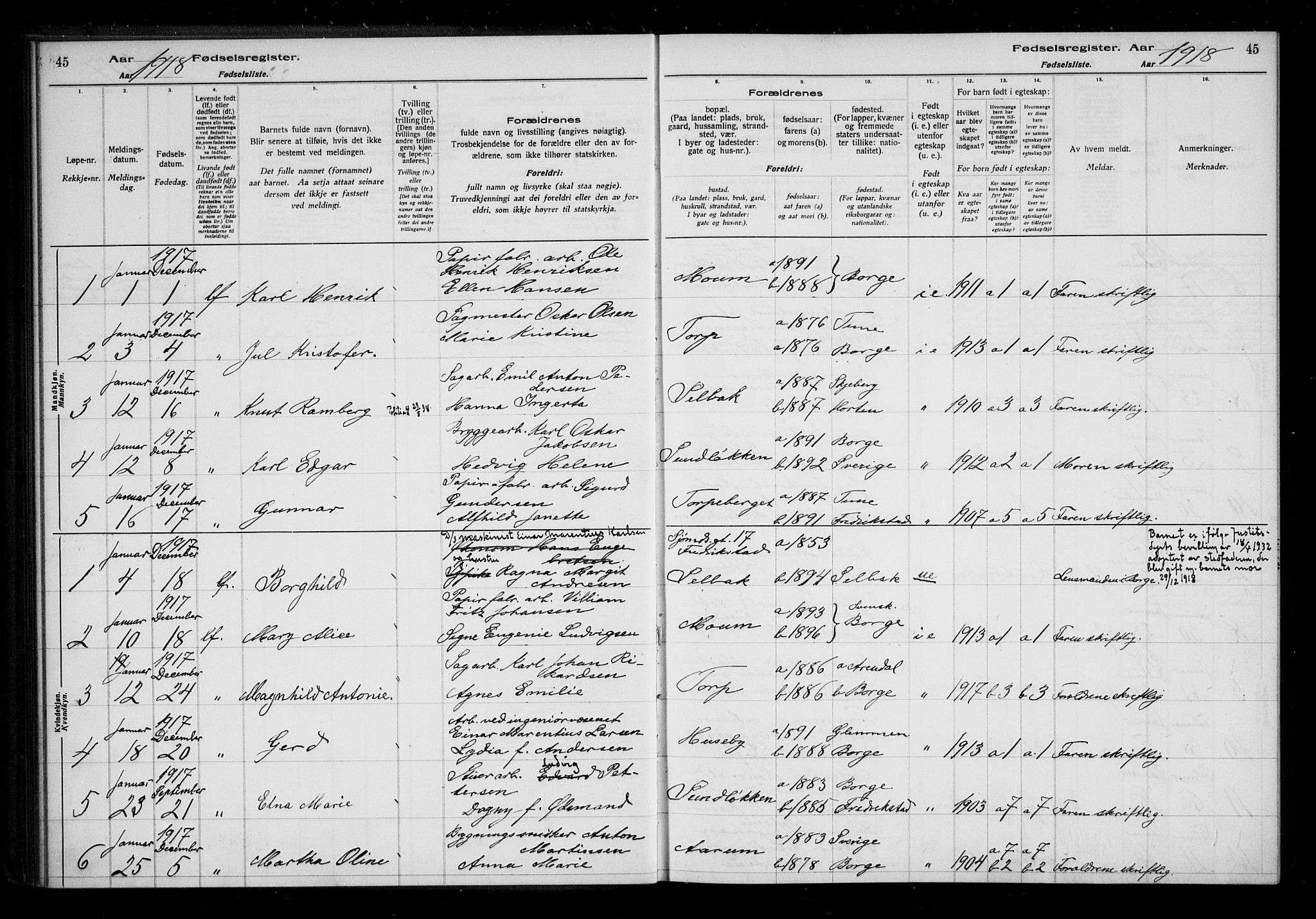 Borge prestekontor Kirkebøker, SAO/A-10903/J/Ja/L0001: Birth register no. I 1, 1916-1925, p. 45