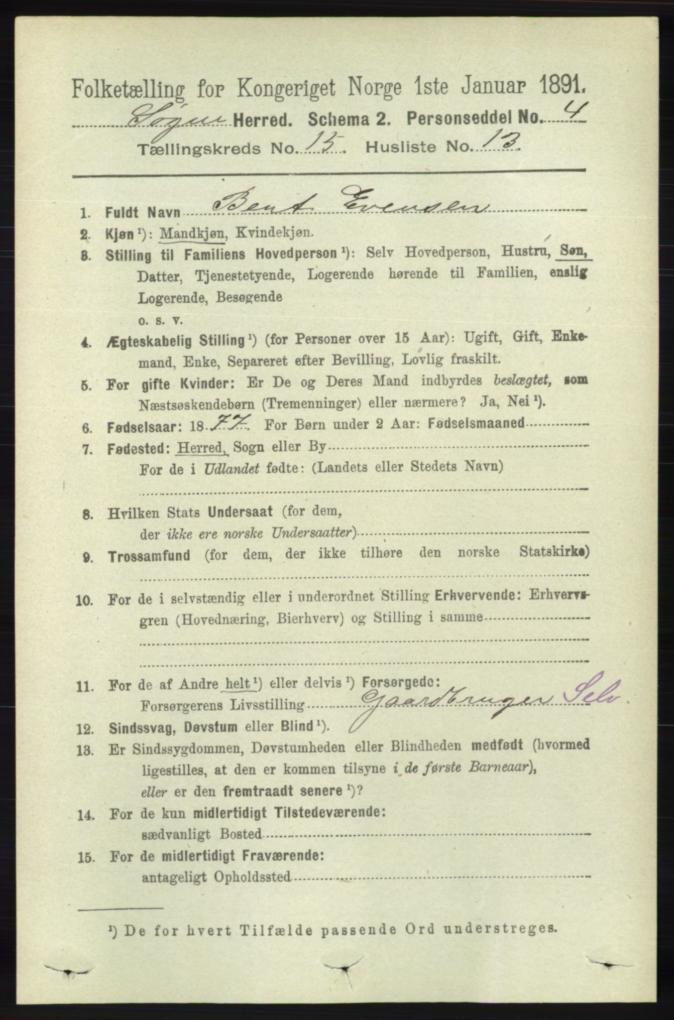 RA, 1891 census for 1018 Søgne, 1891, p. 3954