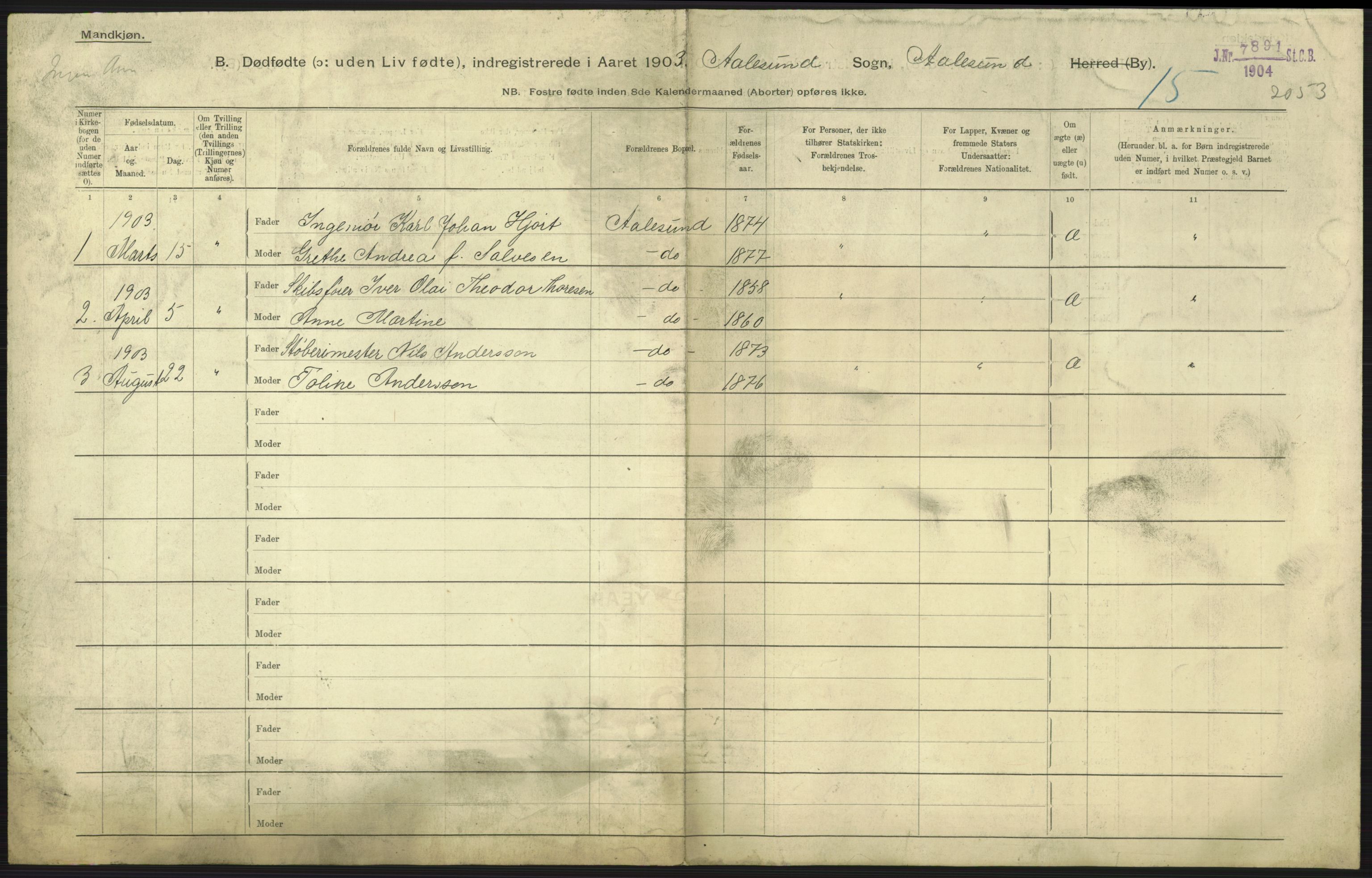 Statistisk sentralbyrå, Sosiodemografiske emner, Befolkning, AV/RA-S-2228/D/Df/Dfa/Dfaa/L0026: Smålenenes - Finnmarkens amt: Dødfødte. Byer., 1903, p. 153