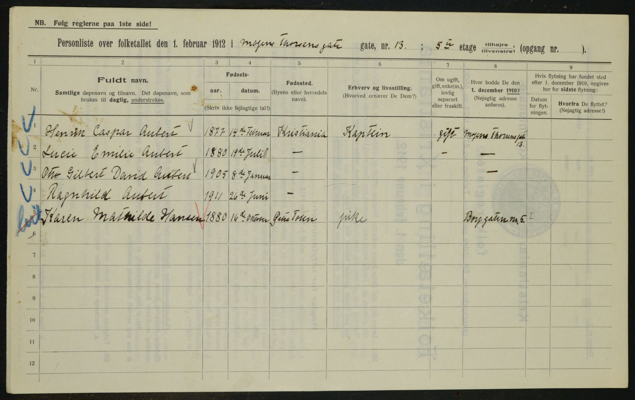 OBA, Municipal Census 1912 for Kristiania, 1912, p. 66156