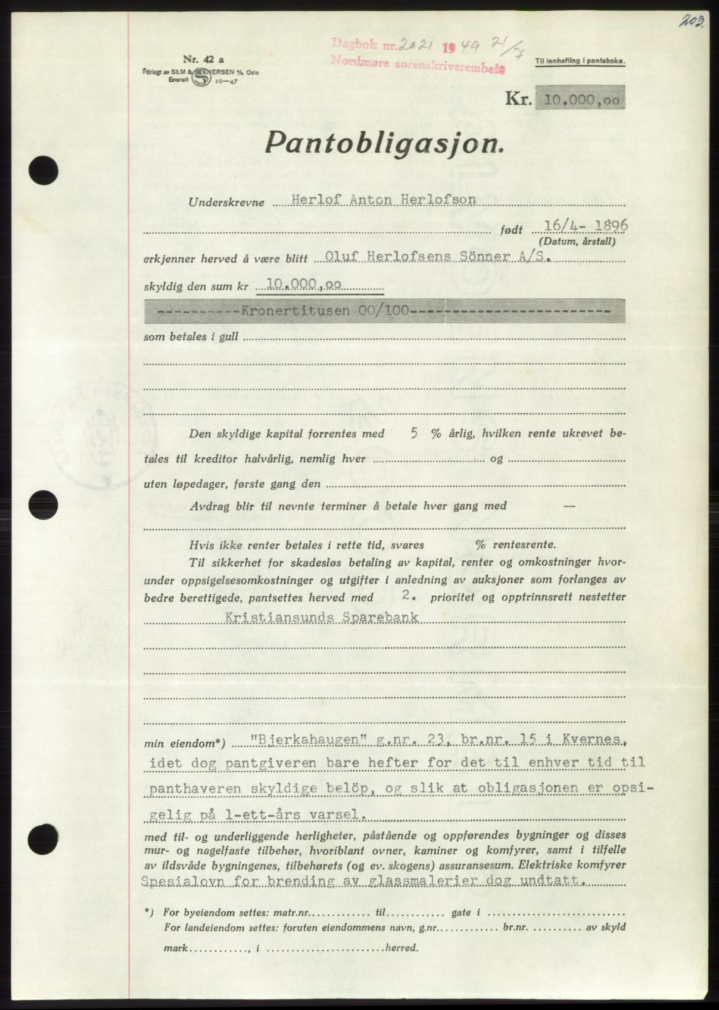 Nordmøre sorenskriveri, AV/SAT-A-4132/1/2/2Ca: Mortgage book no. B102, 1949-1949, Diary no: : 2021/1949