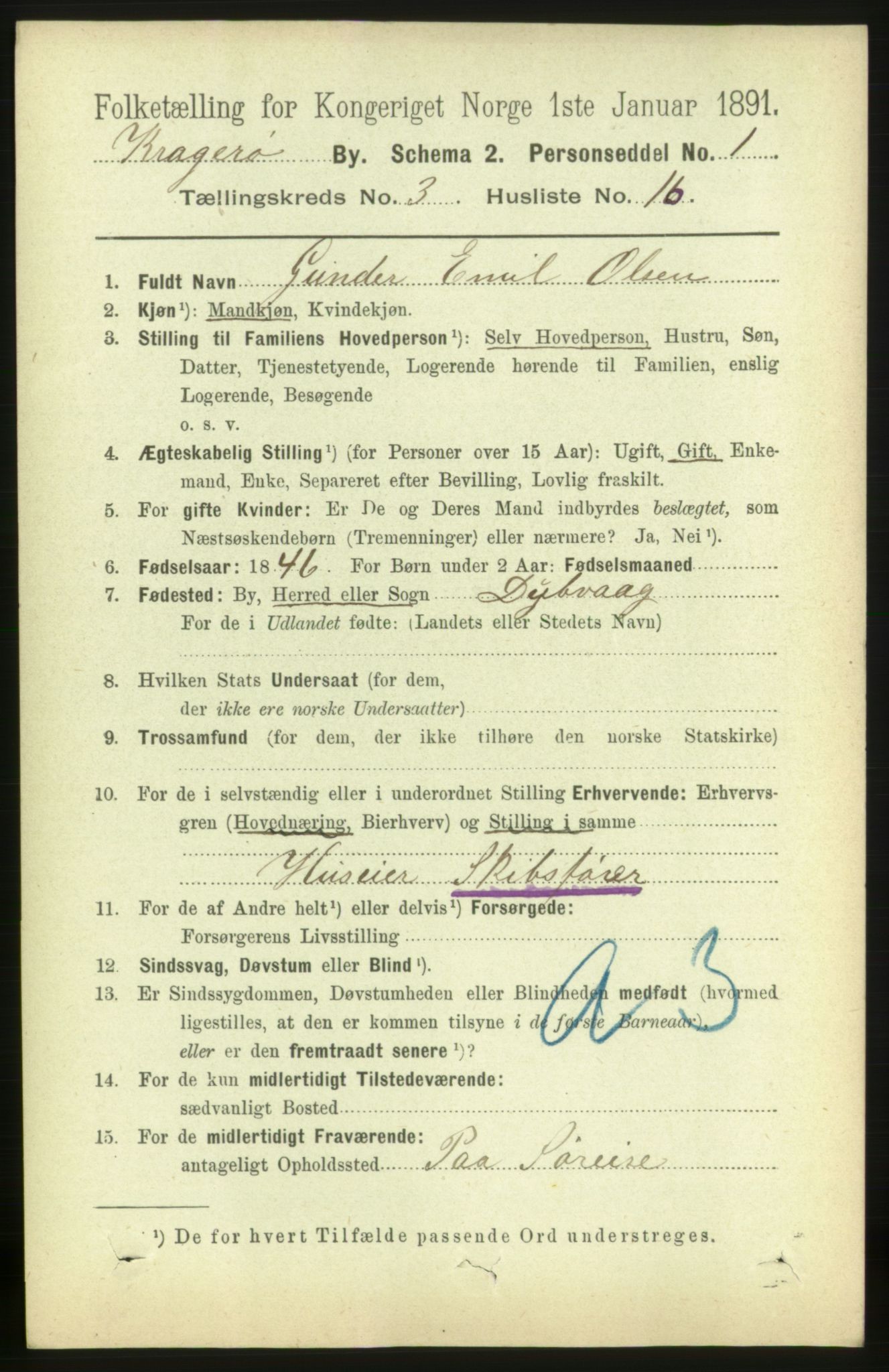 RA, 1891 census for 0801 Kragerø, 1891, p. 2791