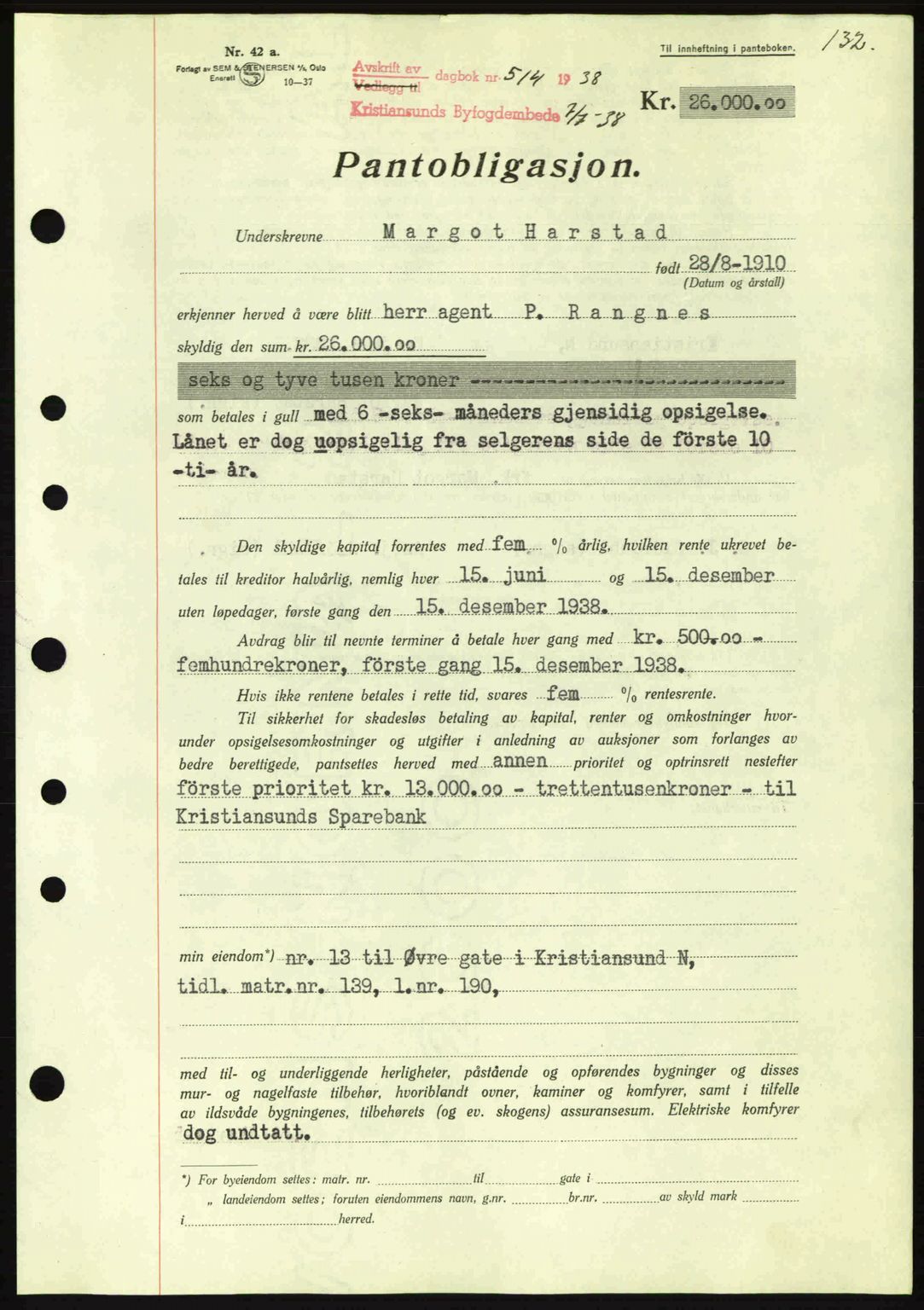Kristiansund byfogd, SAT/A-4587/A/27: Mortgage book no. 31, 1938-1939, Diary no: : 514/1938