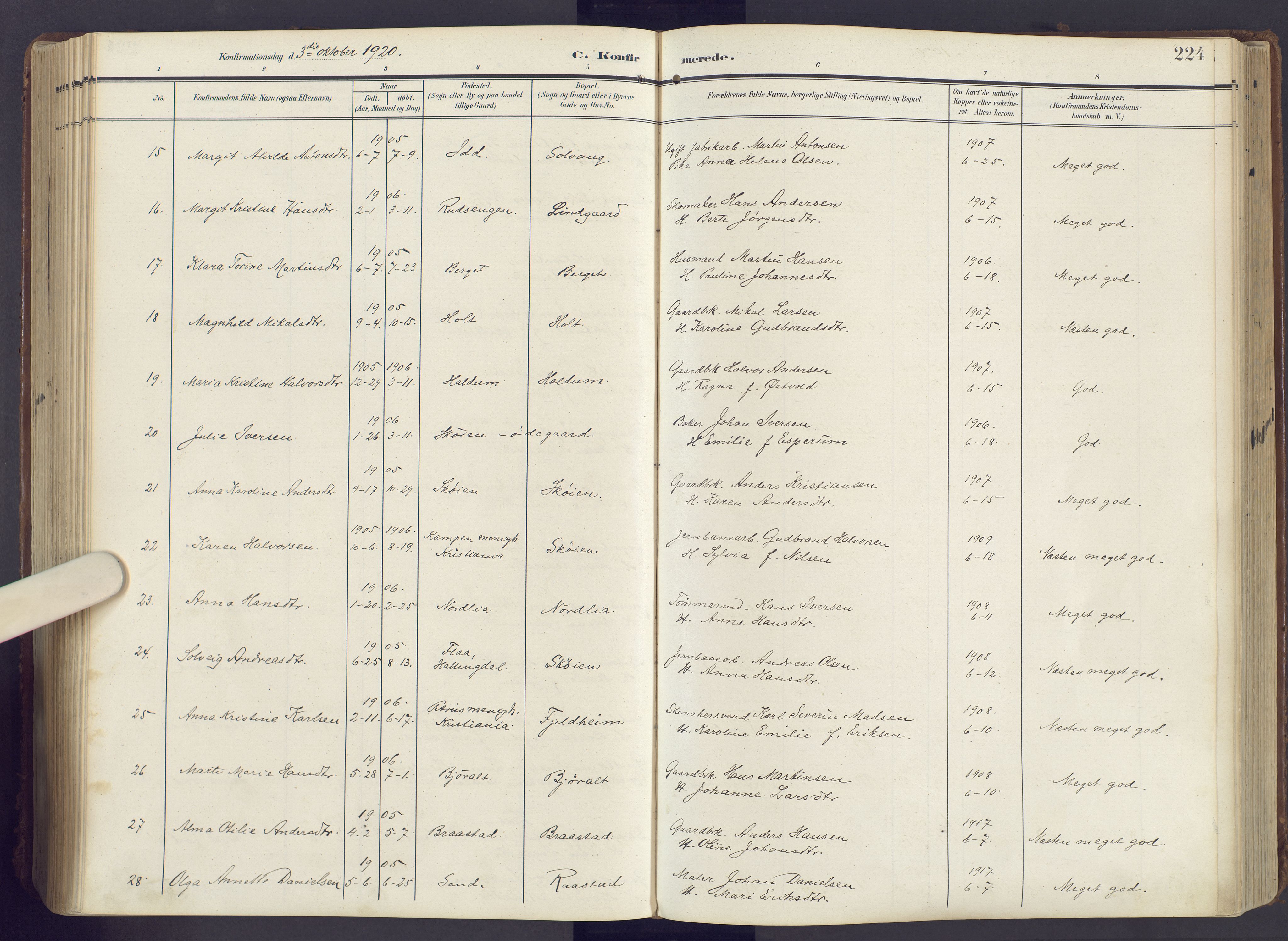 Lunner prestekontor, AV/SAH-PREST-118/H/Ha/Haa/L0001: Parish register (official) no. 1, 1907-1922, p. 224