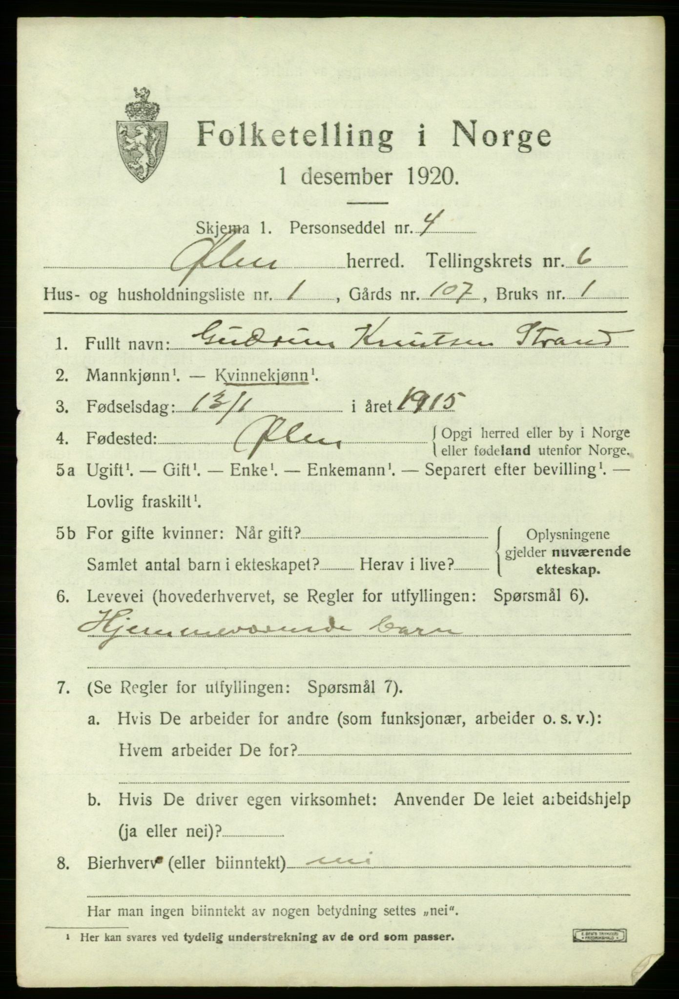 SAB, 1920 census for Ølen, 1920, p. 2773