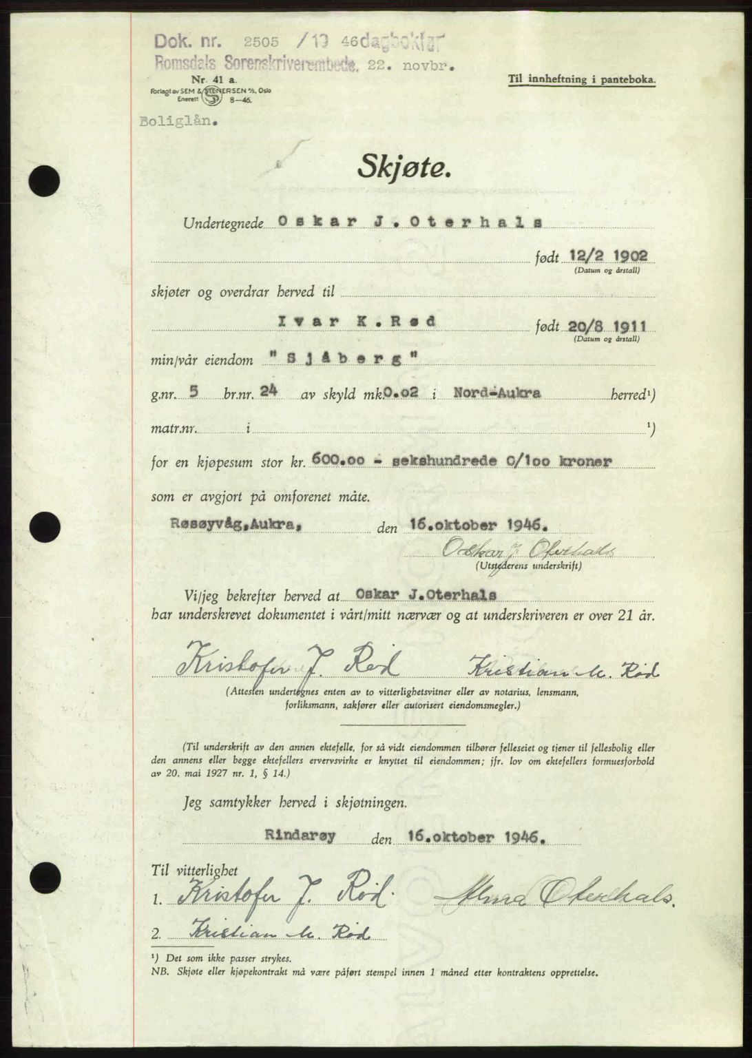 Romsdal sorenskriveri, AV/SAT-A-4149/1/2/2C: Mortgage book no. A21, 1946-1946, Diary no: : 2505/1946