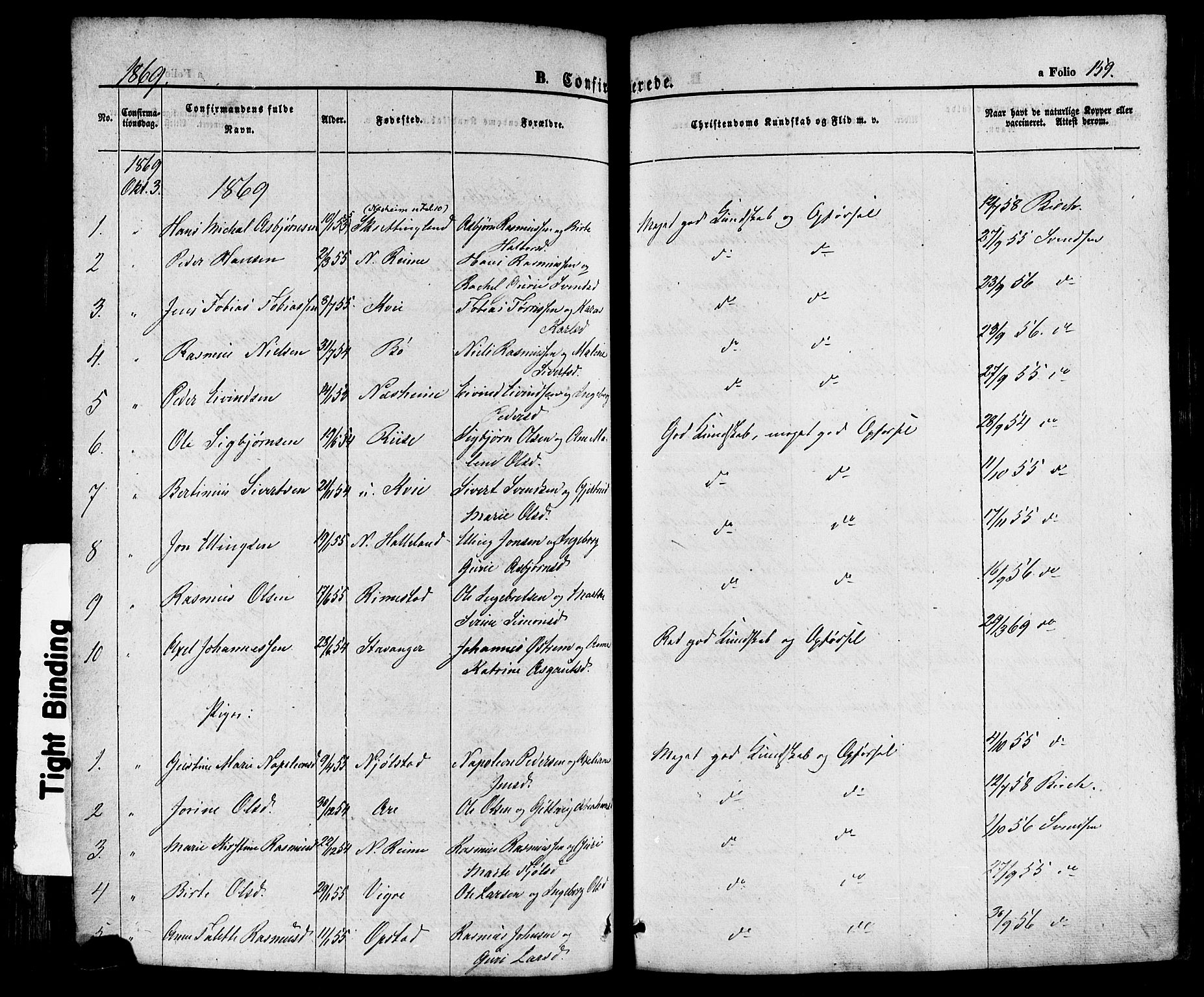 Hå sokneprestkontor, AV/SAST-A-101801/001/30BA/L0008: Parish register (official) no. A 7, 1853-1878, p. 159