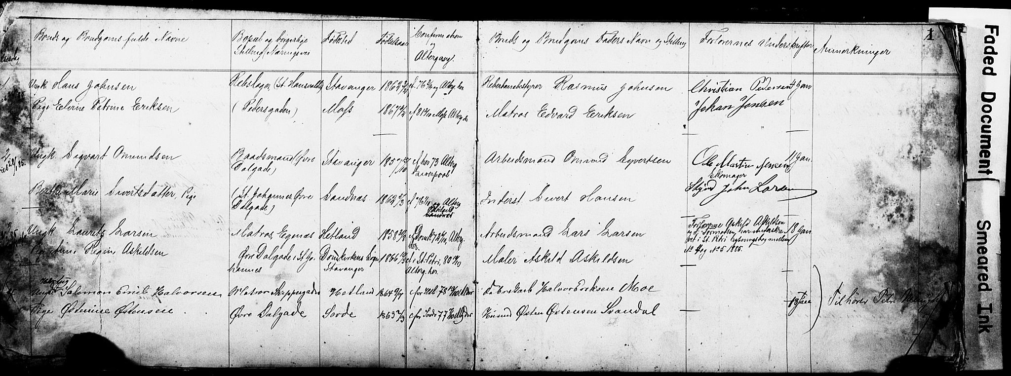 St. Johannes sokneprestkontor, SAST/A-101814/001/70/705BA/L0001: Banns register no. 1, 1885-1899, p. 1