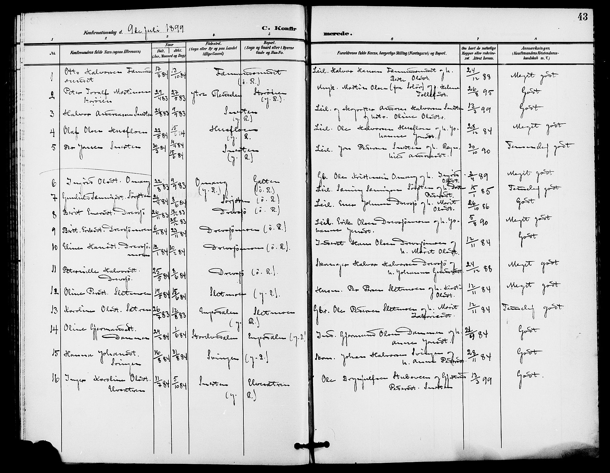 Rendalen prestekontor, SAH/PREST-054/H/Ha/Haa/L0008: Parish register (official) no. 8, 1898-1910, p. 43